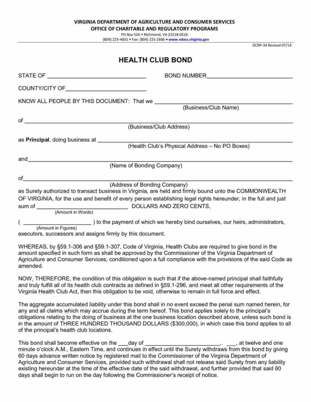Virginia Health Club Bond Form