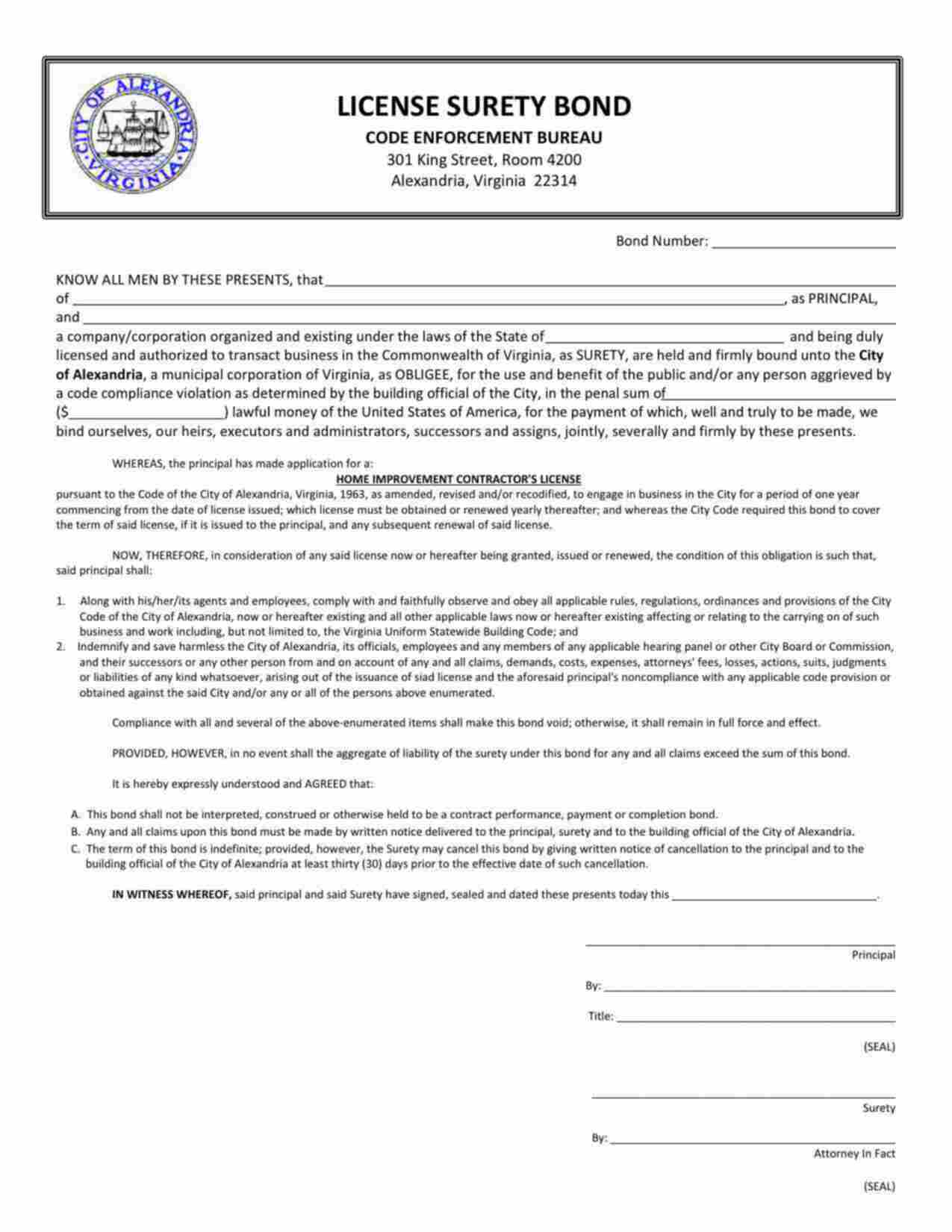 Virginia Home Improvement Contractor Bond Form