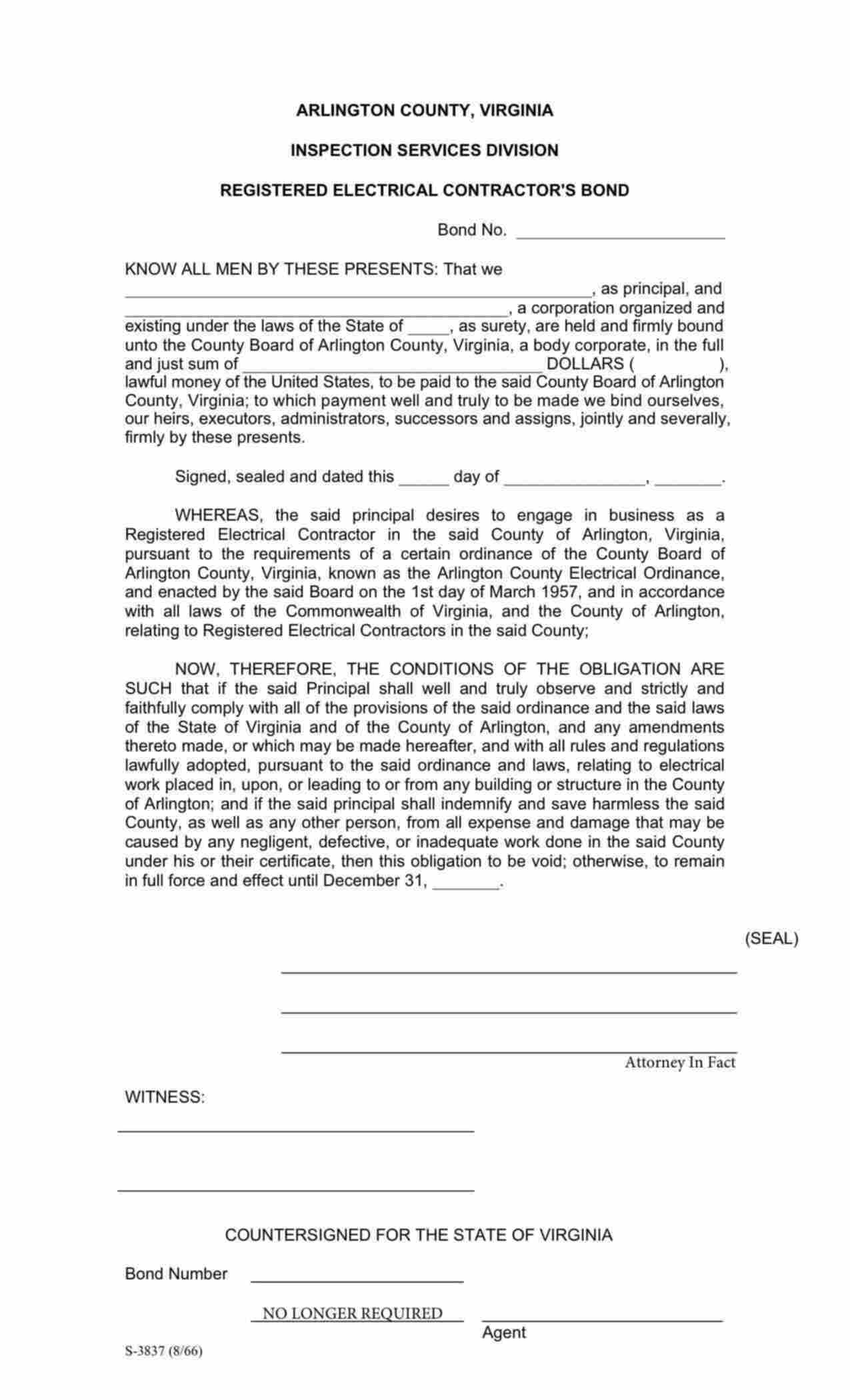 Virginia Registered Electrical Contractor Bond Form