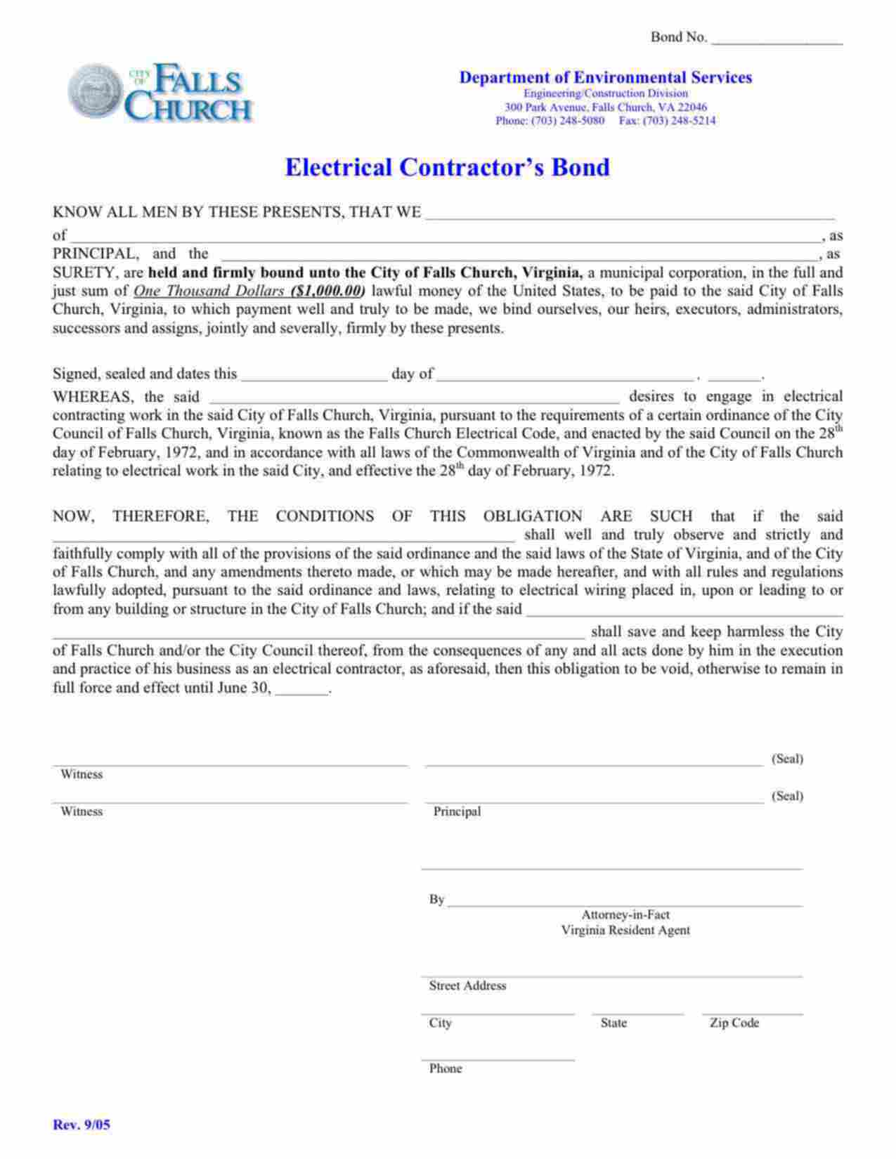 Virginia Electrical Contractor Bond Form
