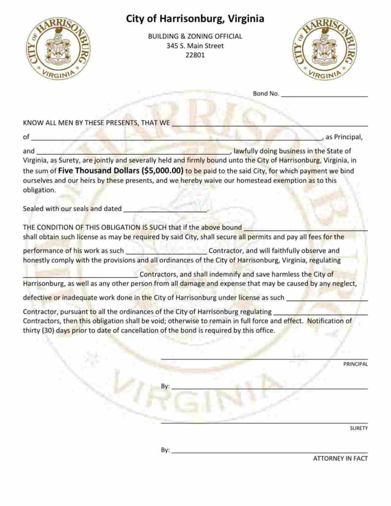 Virginia Contractor License Bond Form