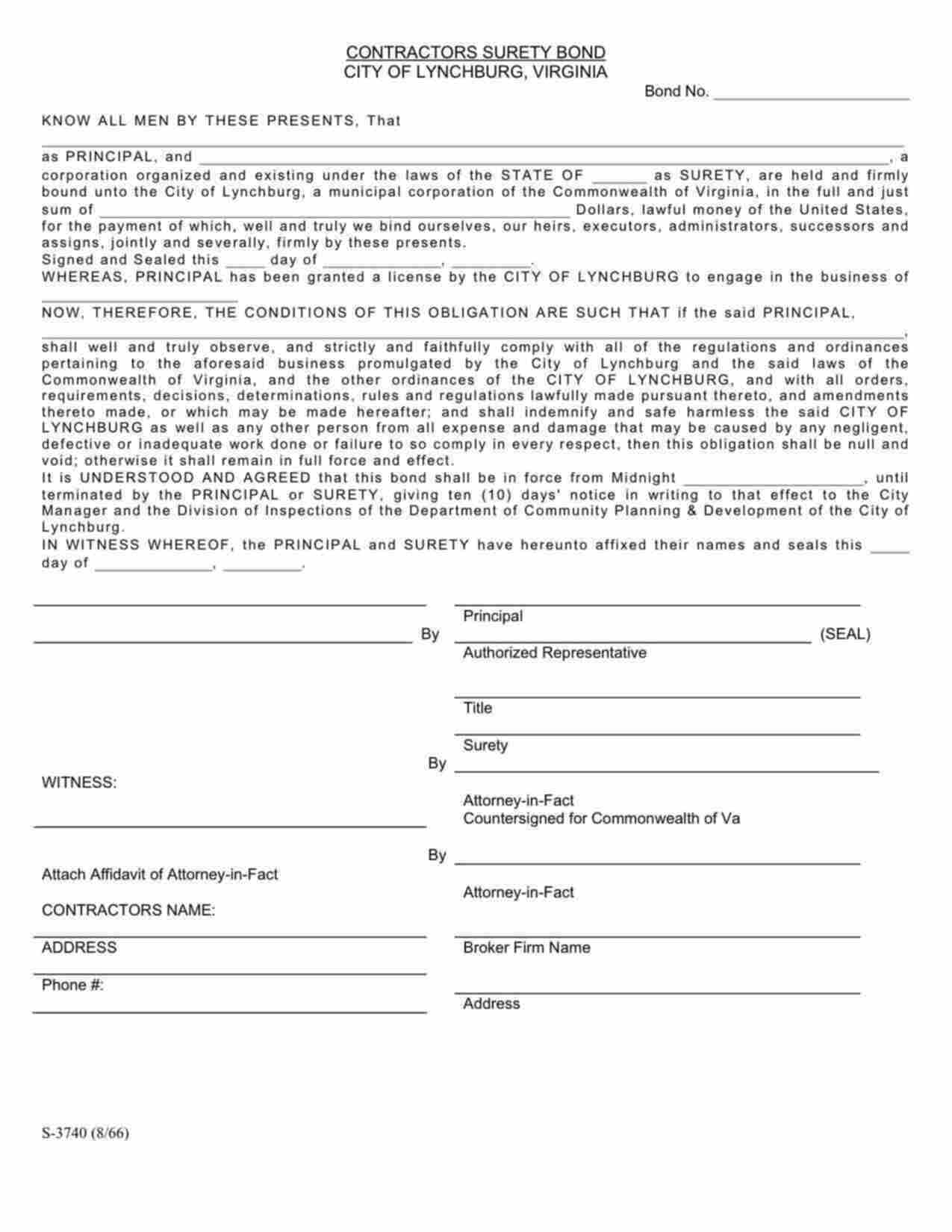 Virginia Contractors License Bond Form