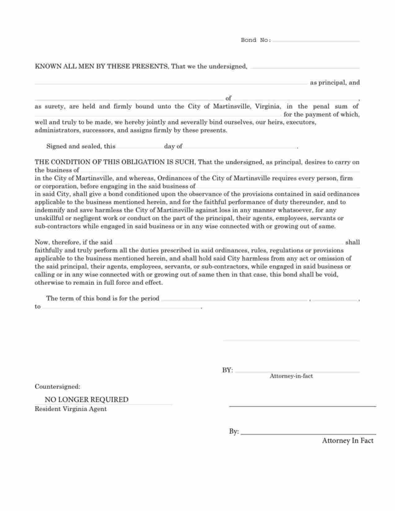 Virginia License/Permit Bond Form