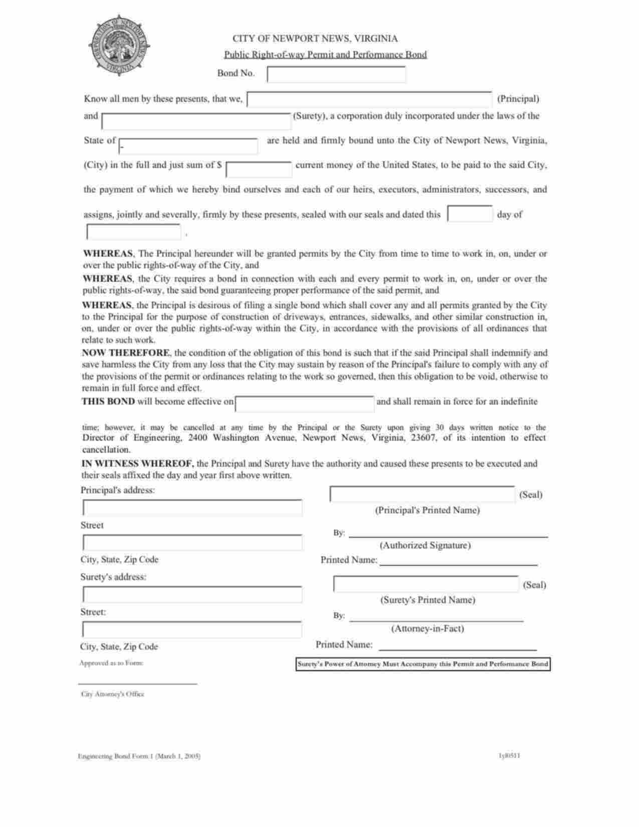 Virginia Public Right-of-Way Permit and Performance Bond Form