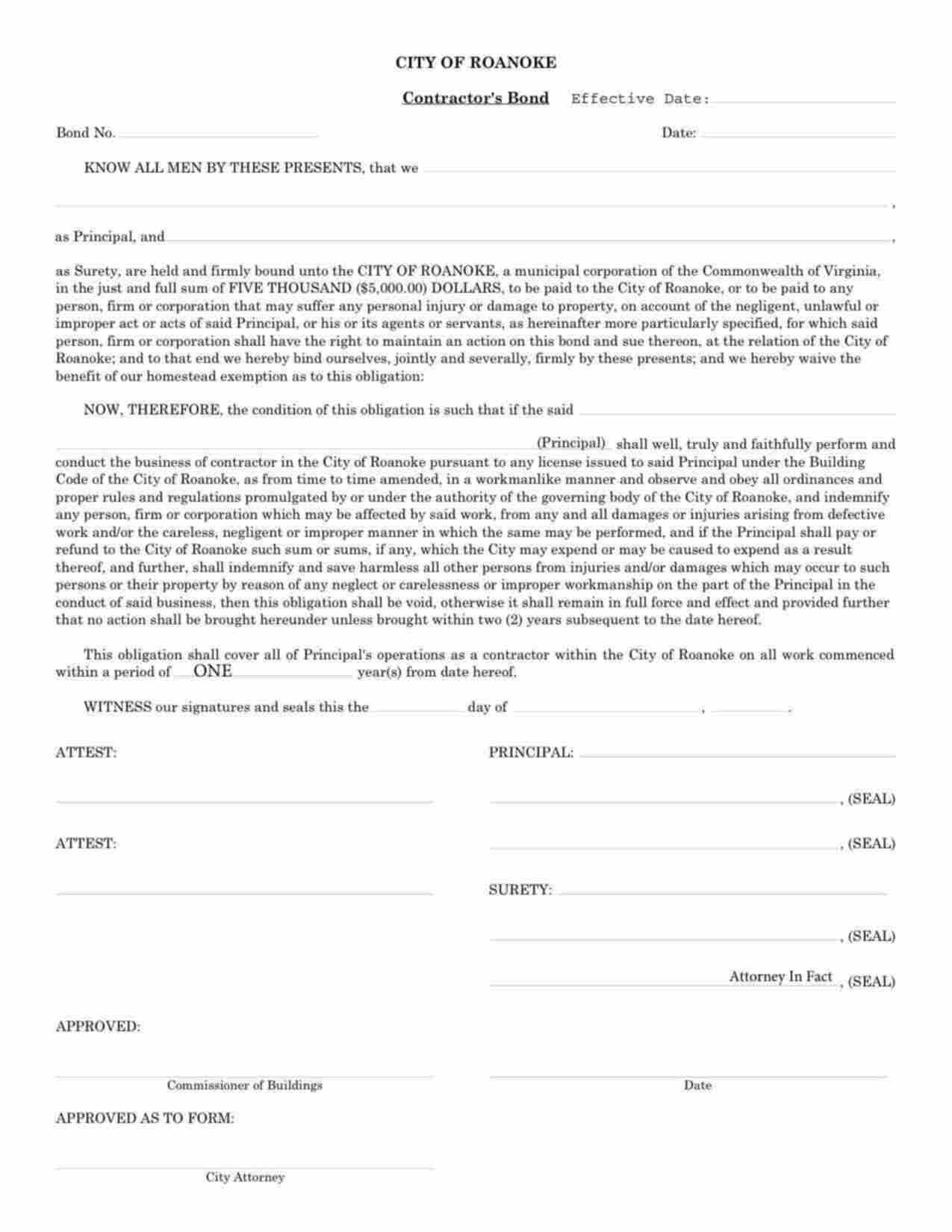 Virginia Contractor's License/Permit Bond Form