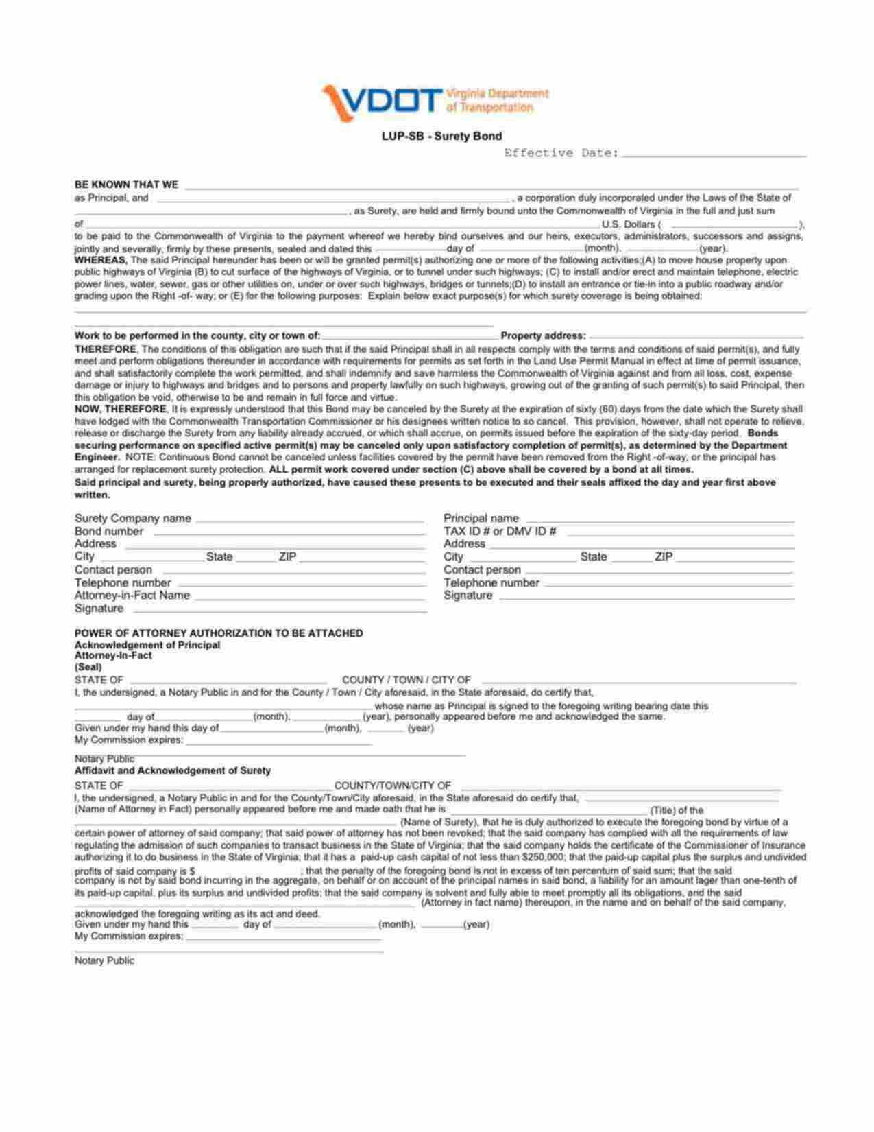Virginia Land Use Permit: Type A House Mover Bond Form