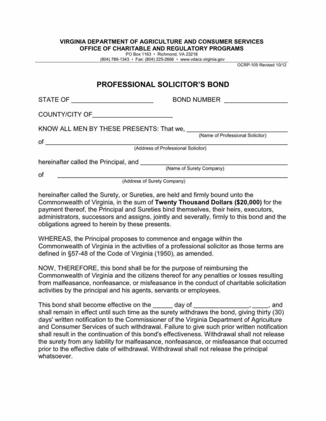Virginia Professional Solicitor Bond Form