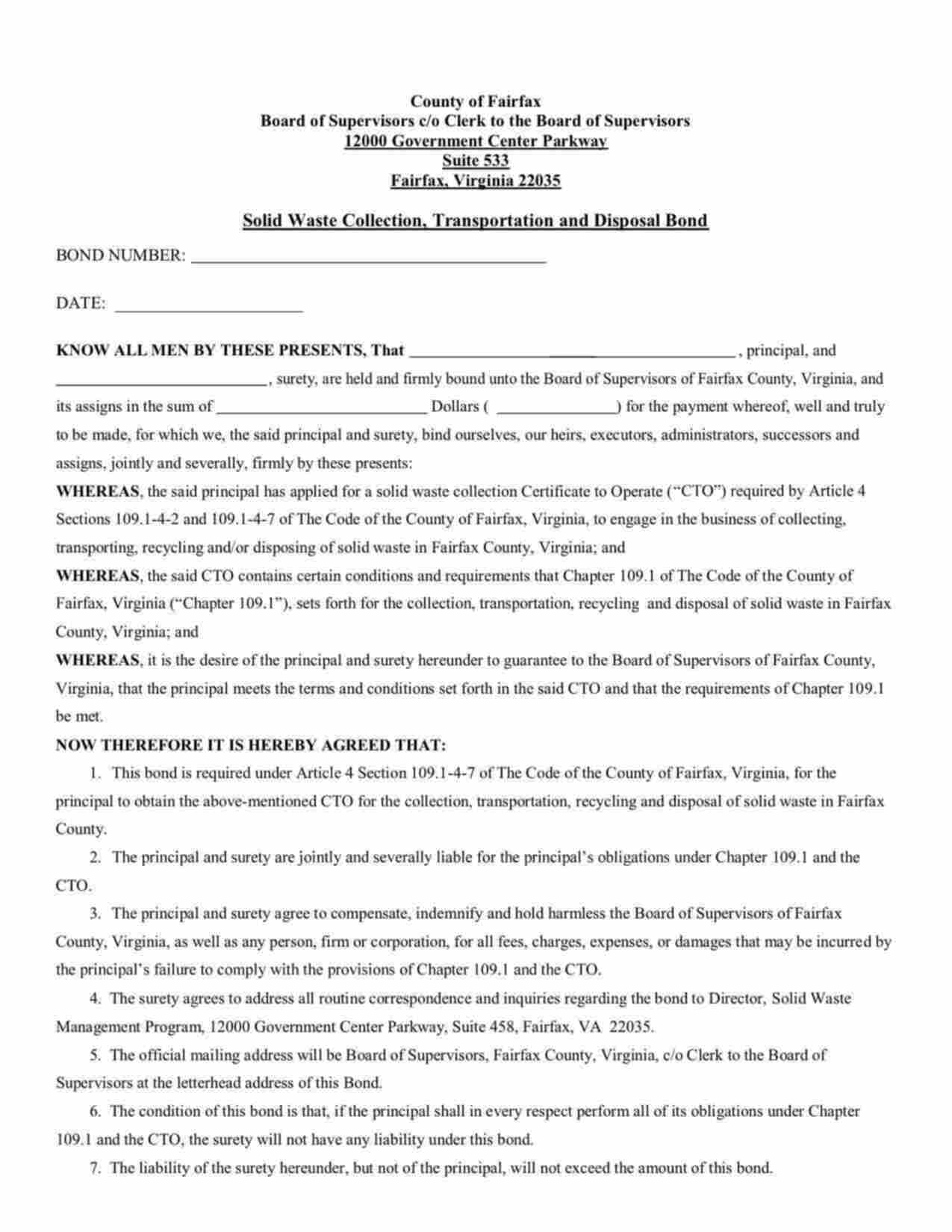 Virginia Solid Waste Collection, Transportation and Disposal Bond Form