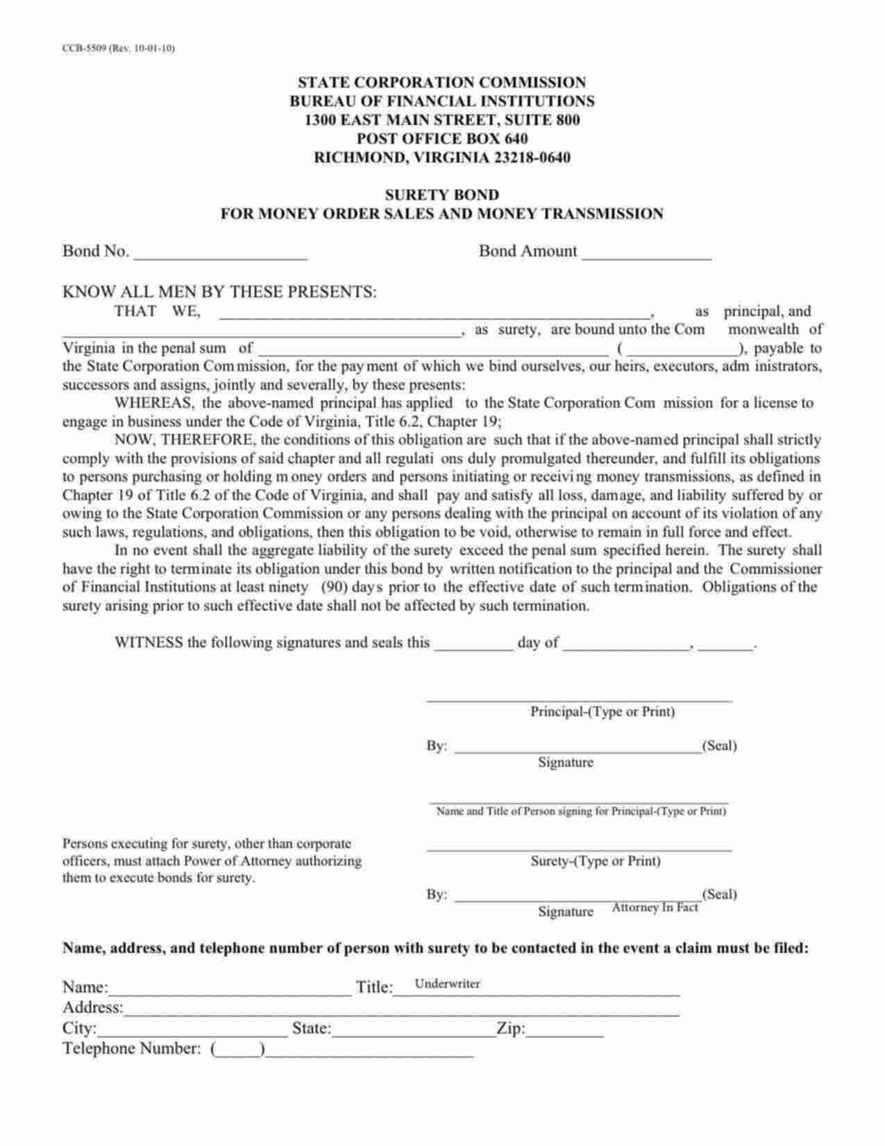 Virginia Money Order Seller and Money Transmitter License Bond Form