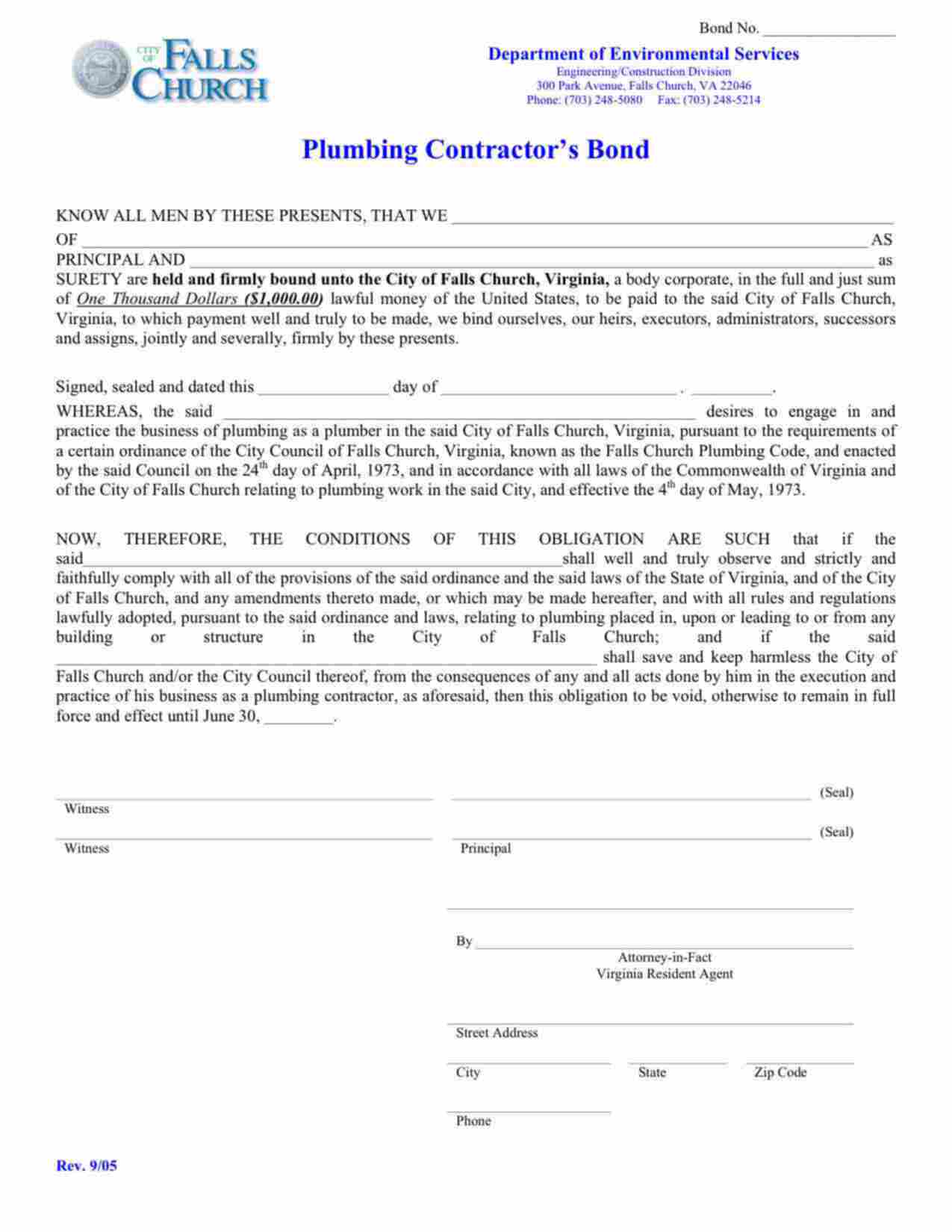 Virginia Plumbing Contractor Bond Form