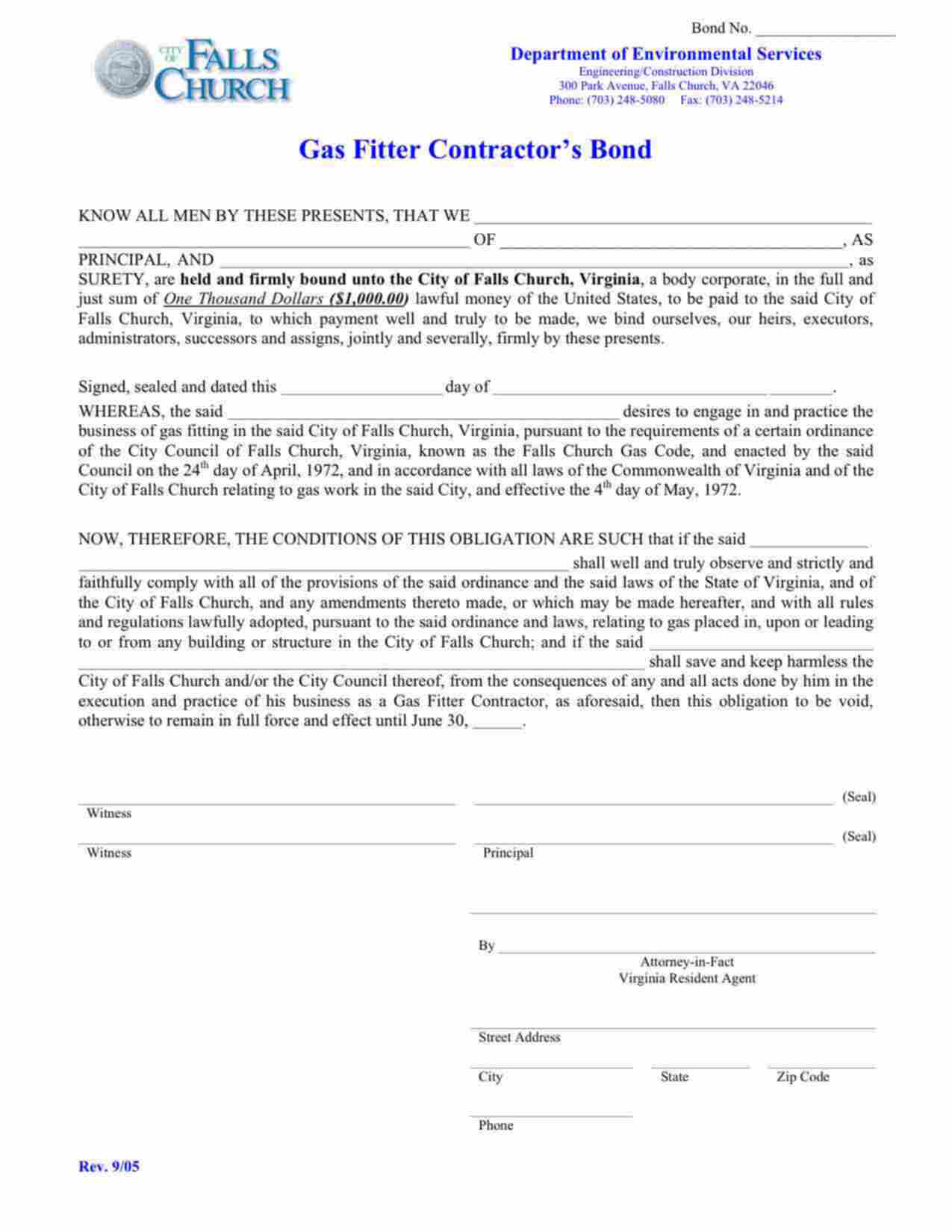 Virginia Gas Fitter Contractor Bond Form