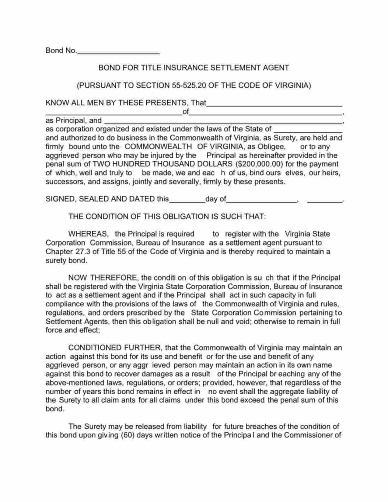 Virginia Title Insurance Settlement Agent Bond Form
