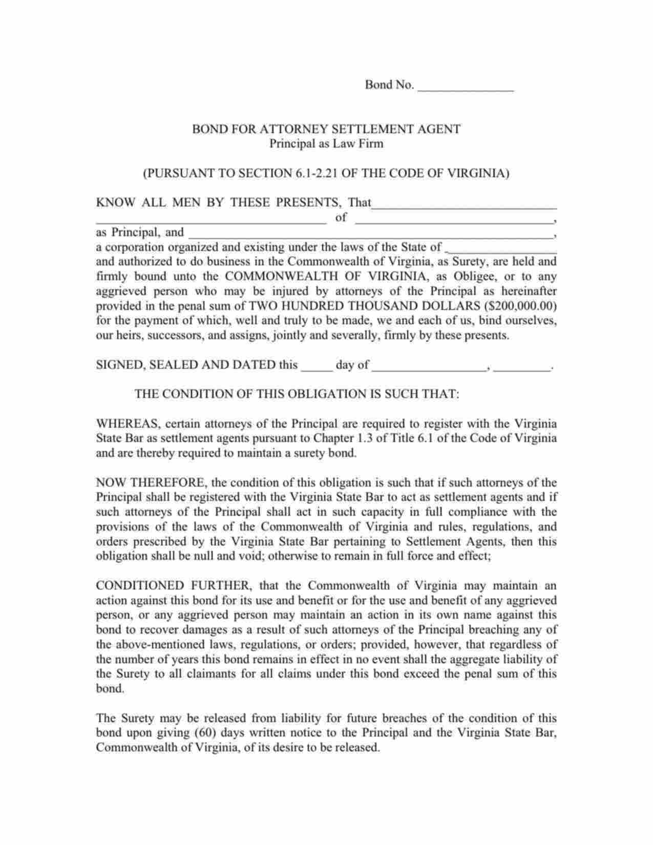 Virginia Attorney Settlement Agent - Law Firm Bond Form