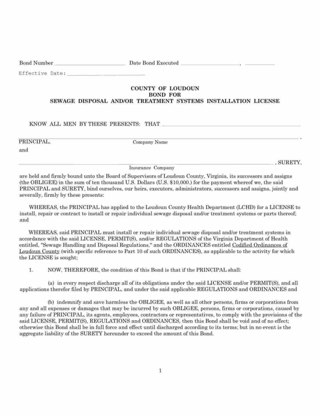 Virginia Sewage Disposal and/or Treatment Systems Installation Bond Form