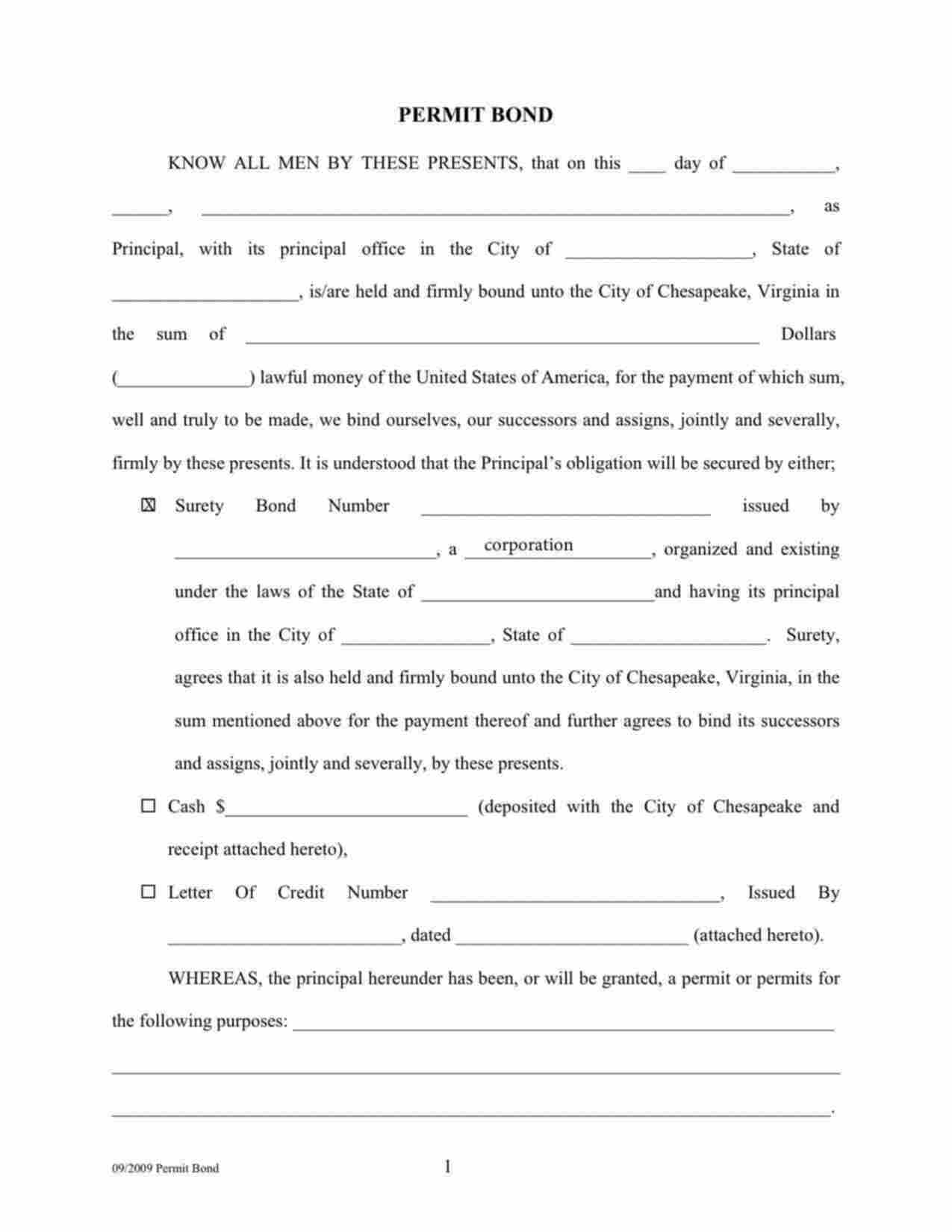 Virginia Permit Bond Form