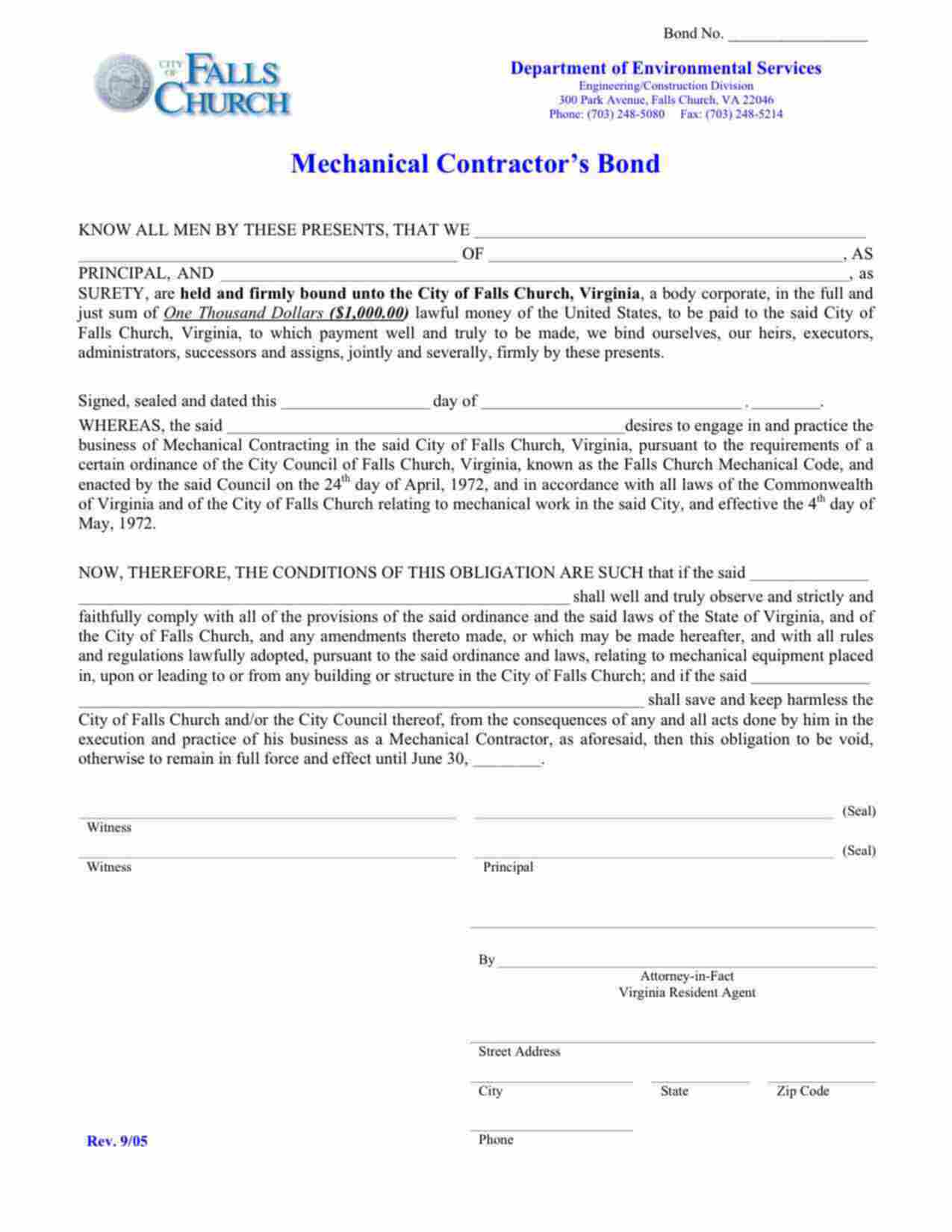Virginia Mechanical Contractor Bond Form