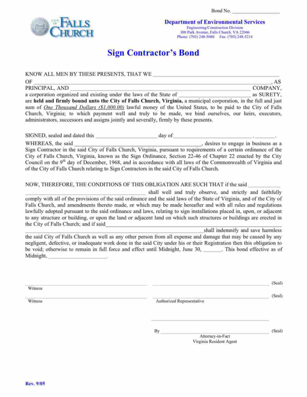 Virginia Sign Contractor Bond Form
