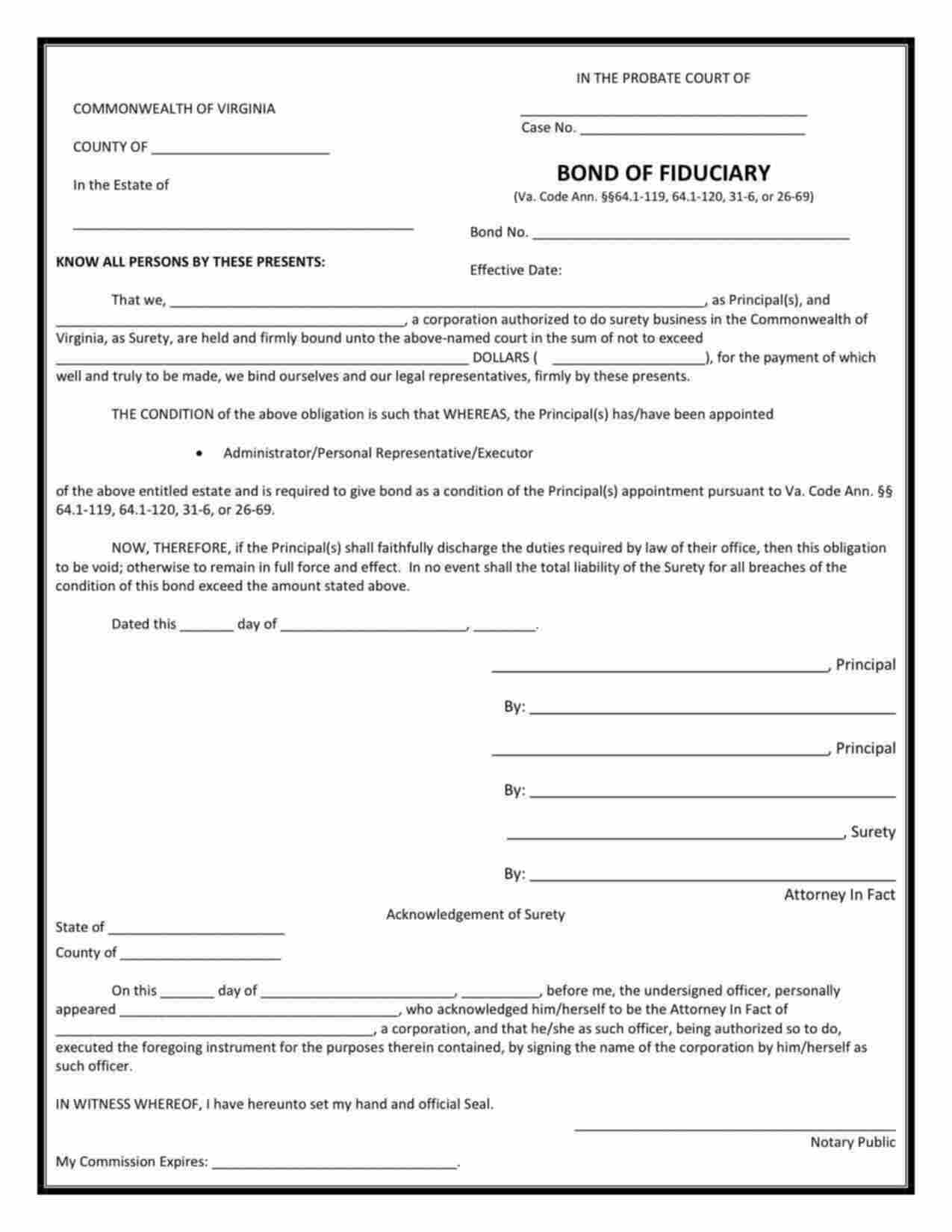 Virginia Administrator/Executor Bond Form