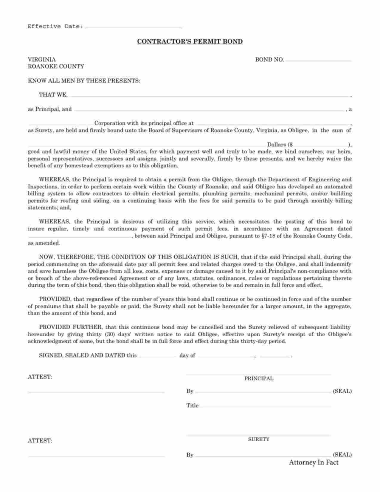 Virginia Contractor's Permit Bond Form