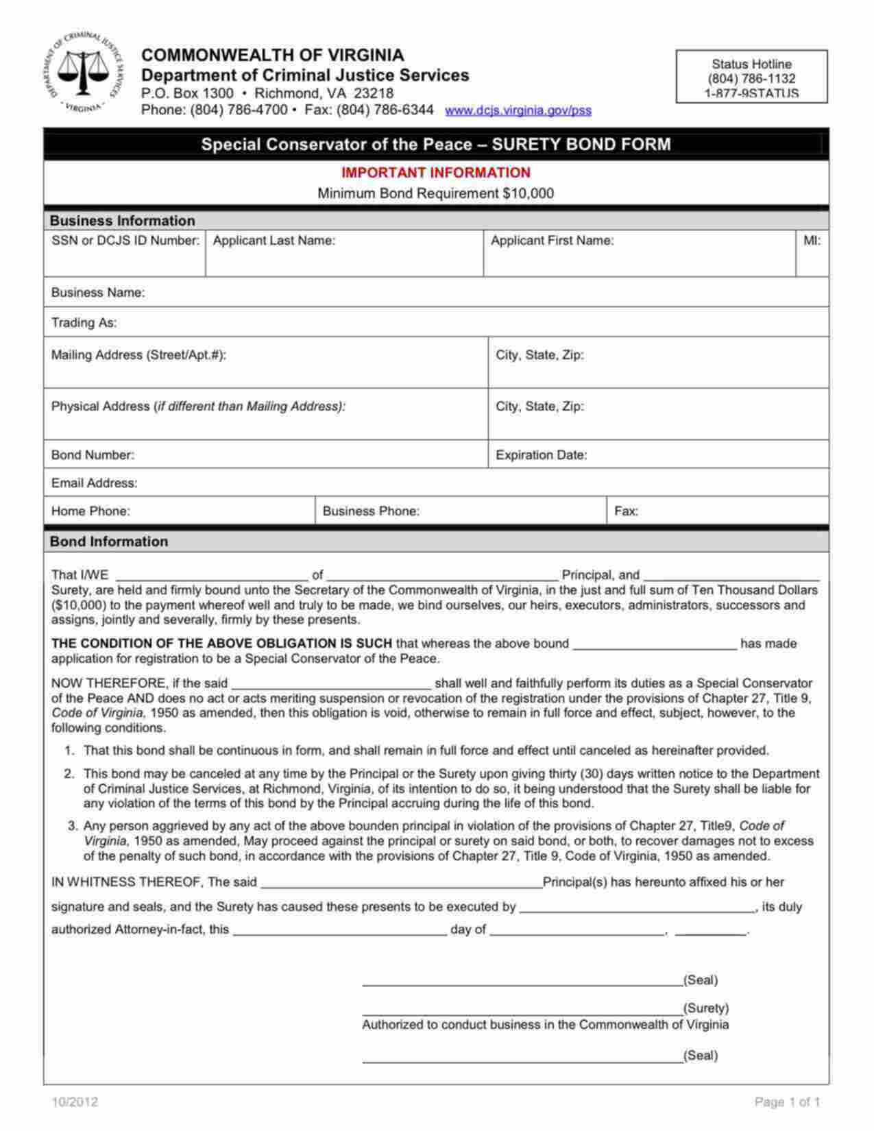 Virginia Special Conservator of the Peace Bond Form