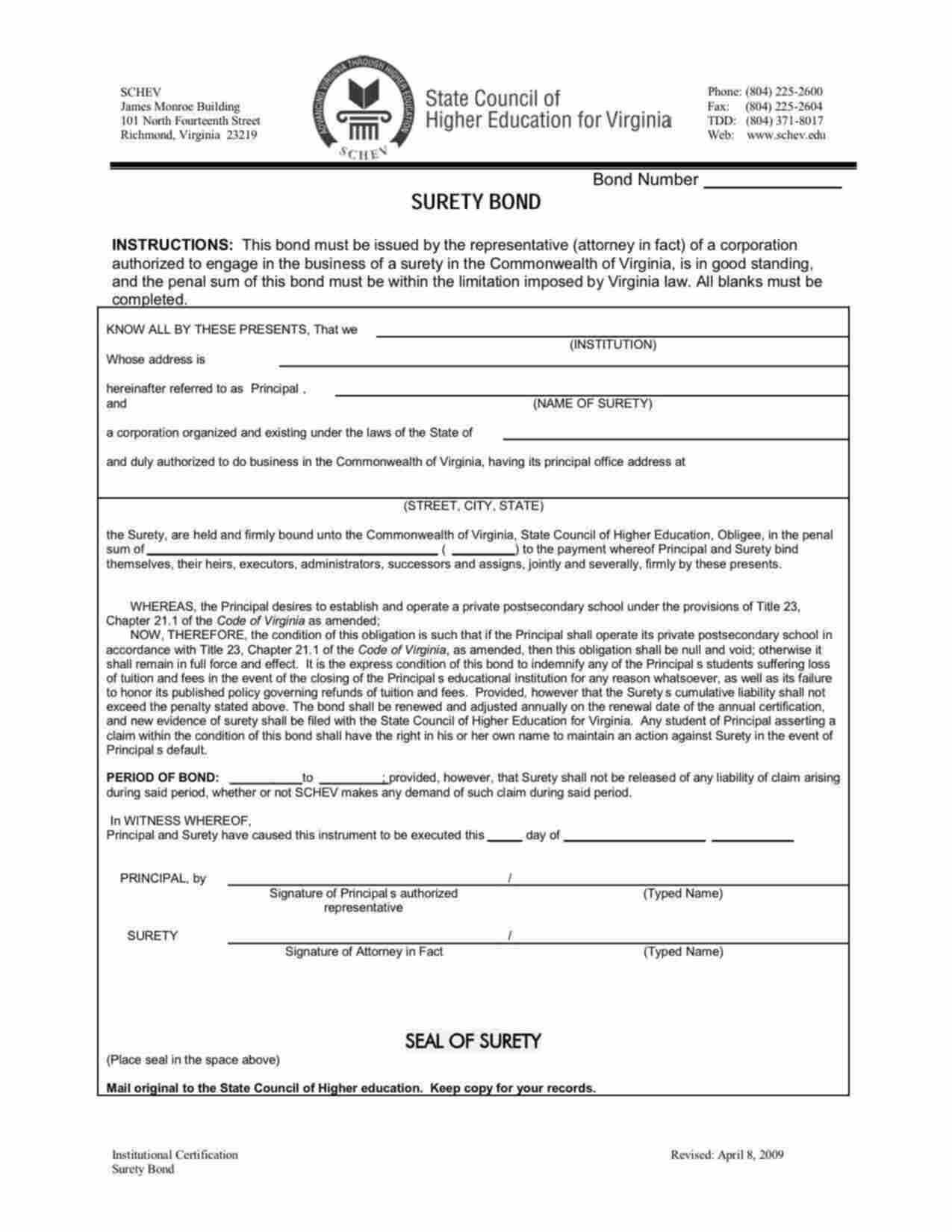 Virginia Private Postsecondary School Bond Form