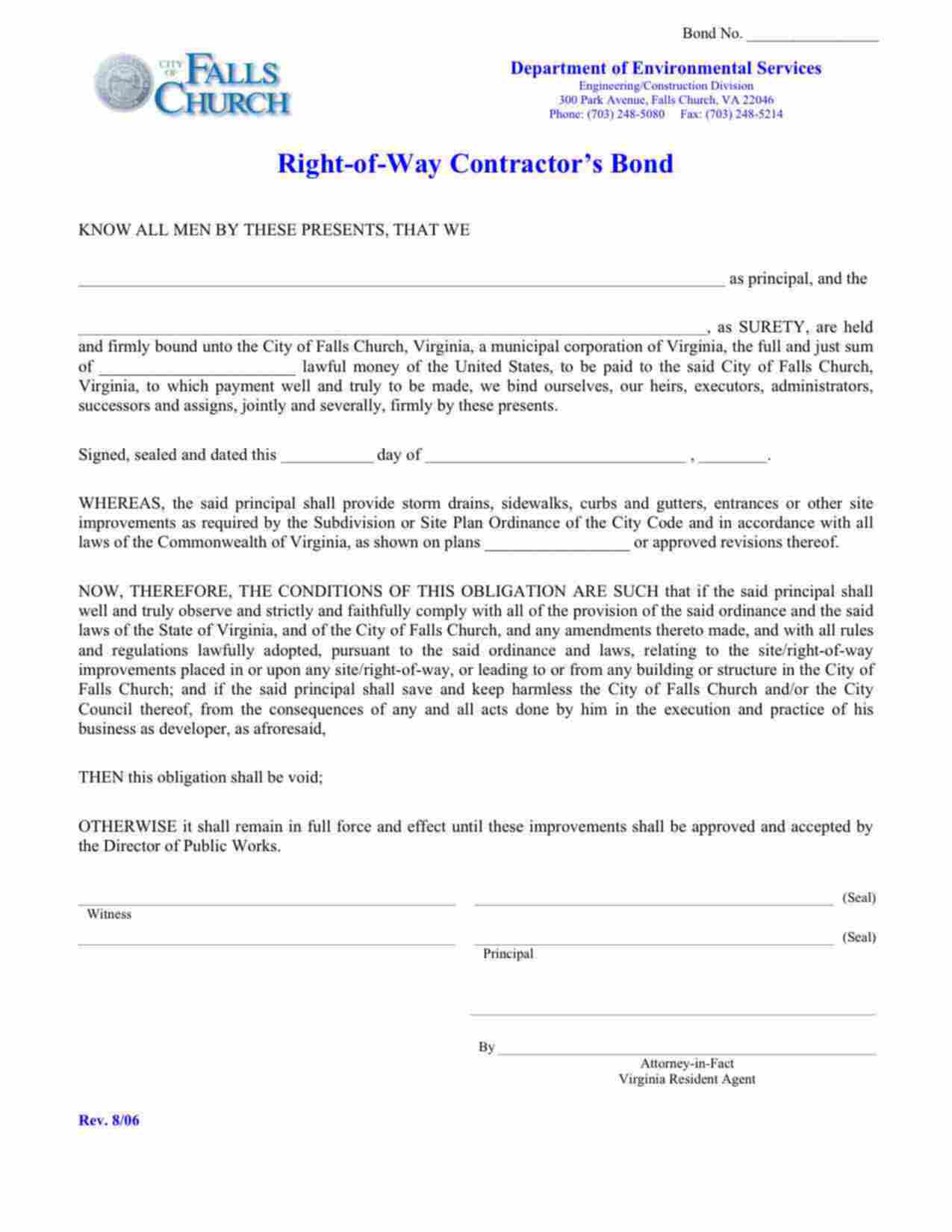 Virginia Right-of-Way Contractor Bond Form