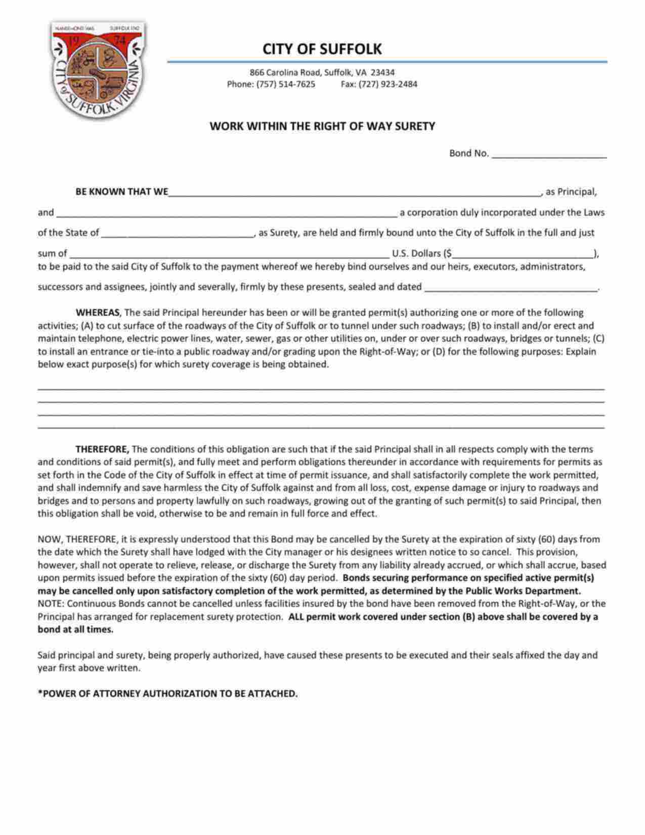 Virginia Right of Way - Single Project Bond Form