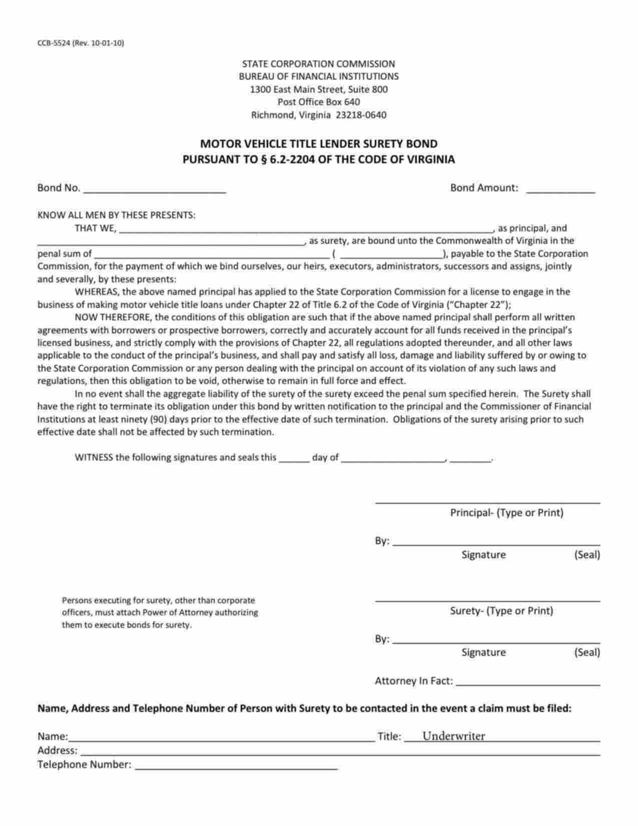 Virginia Motor Vehicle Title Lender Bond Form