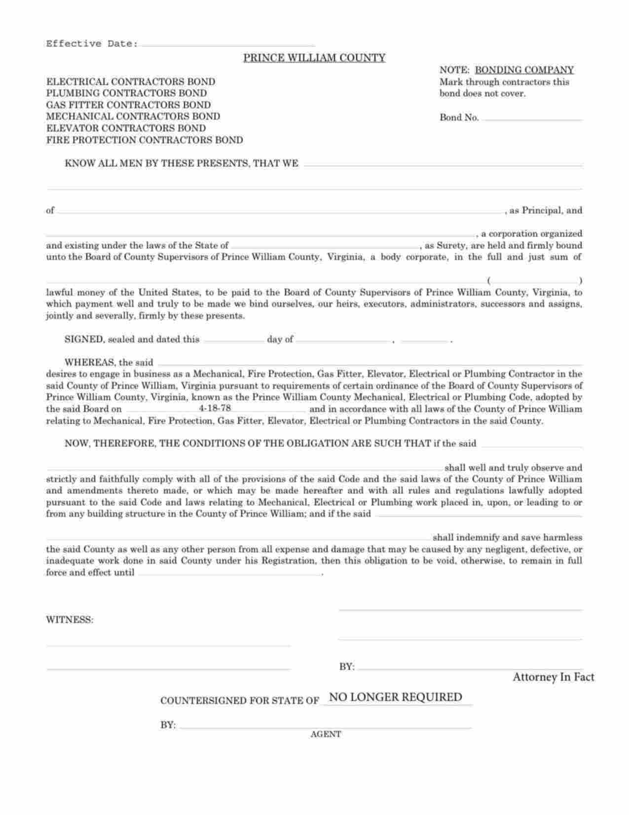 Virginia Plumbing Contractor Bond Form