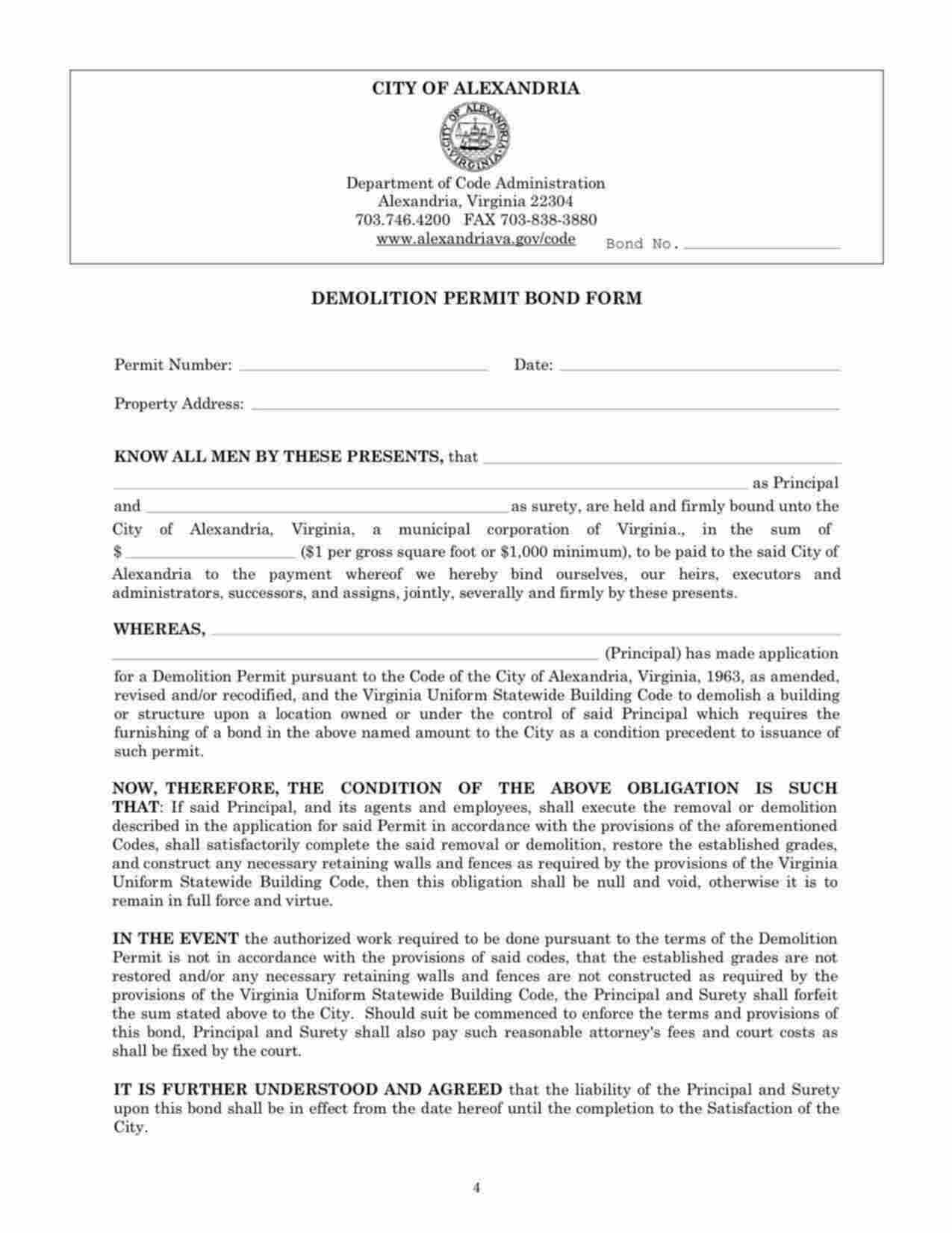 Virginia Demolition Permit Bond Form
