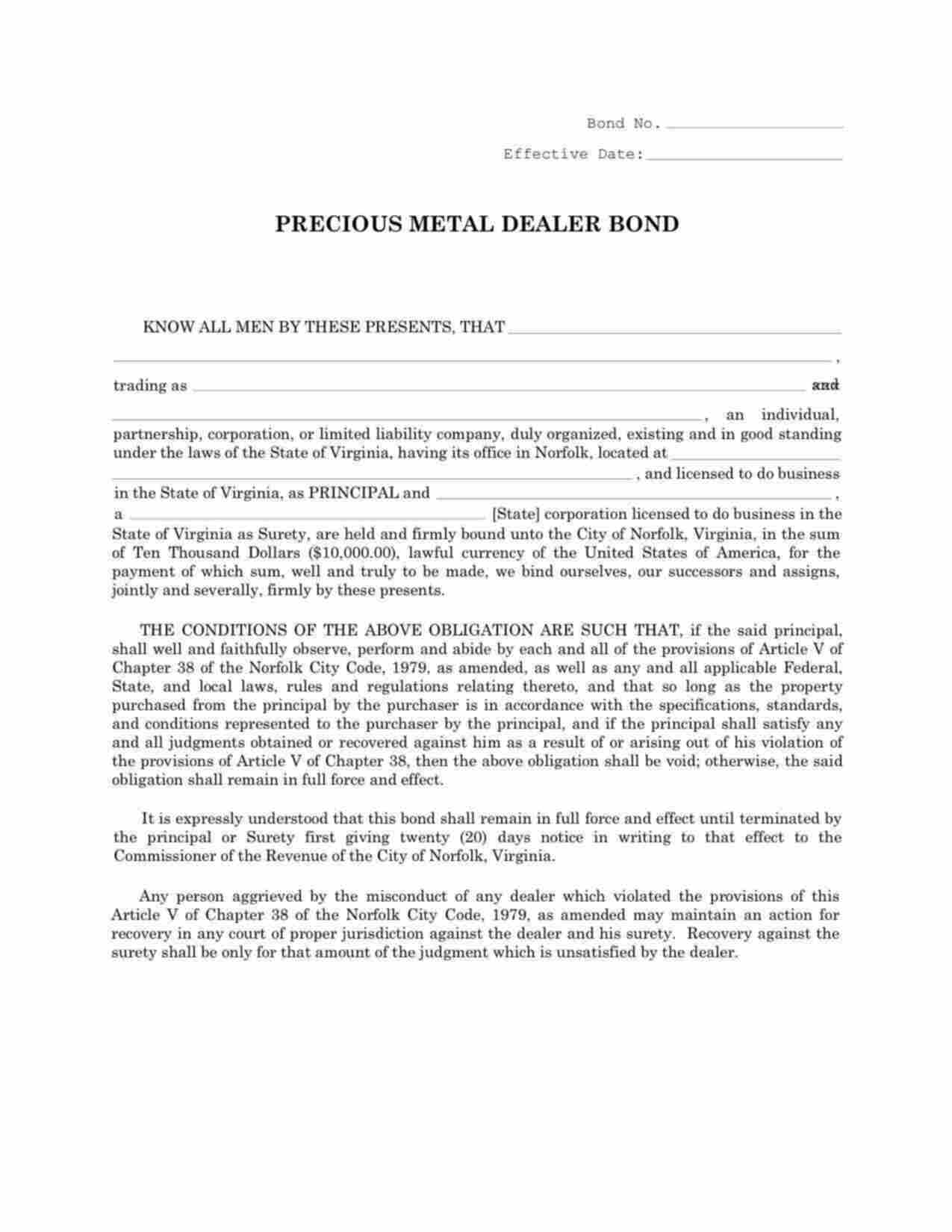 Virginia Precious Metals Dealer Bond Form