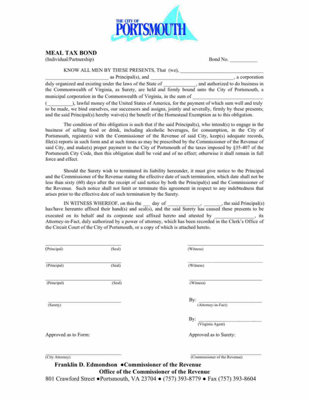 Virginia Meal Tax: Individual/Partnership Bond Form