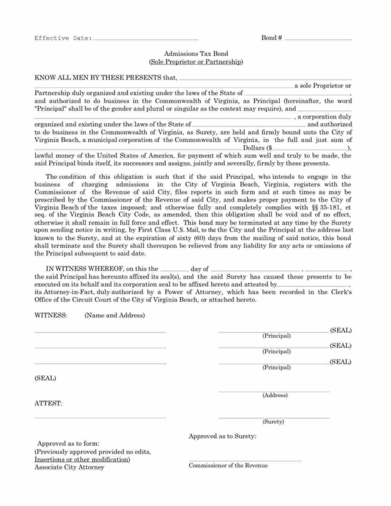 Virginia Admissions Tax Bond Form