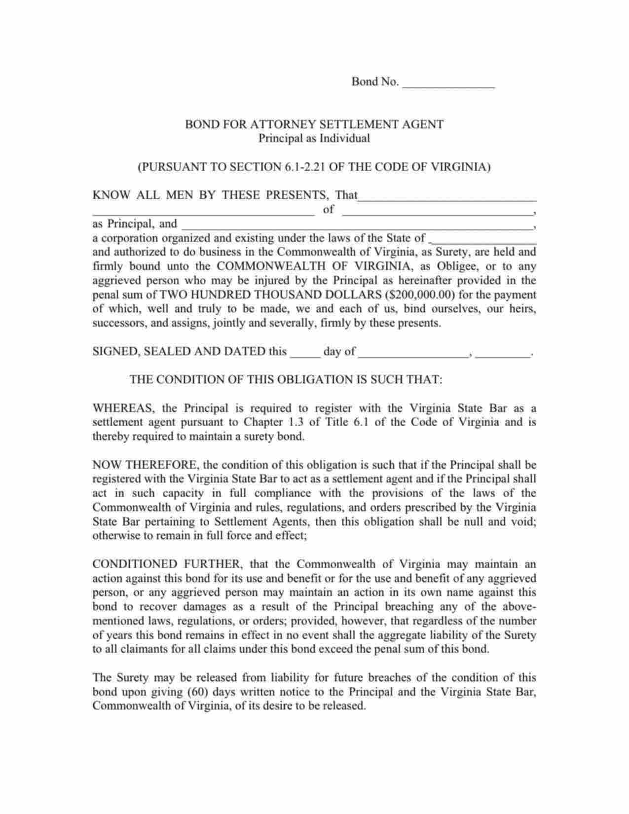Virginia Attorney Settlement Agent - Individual Bond Form
