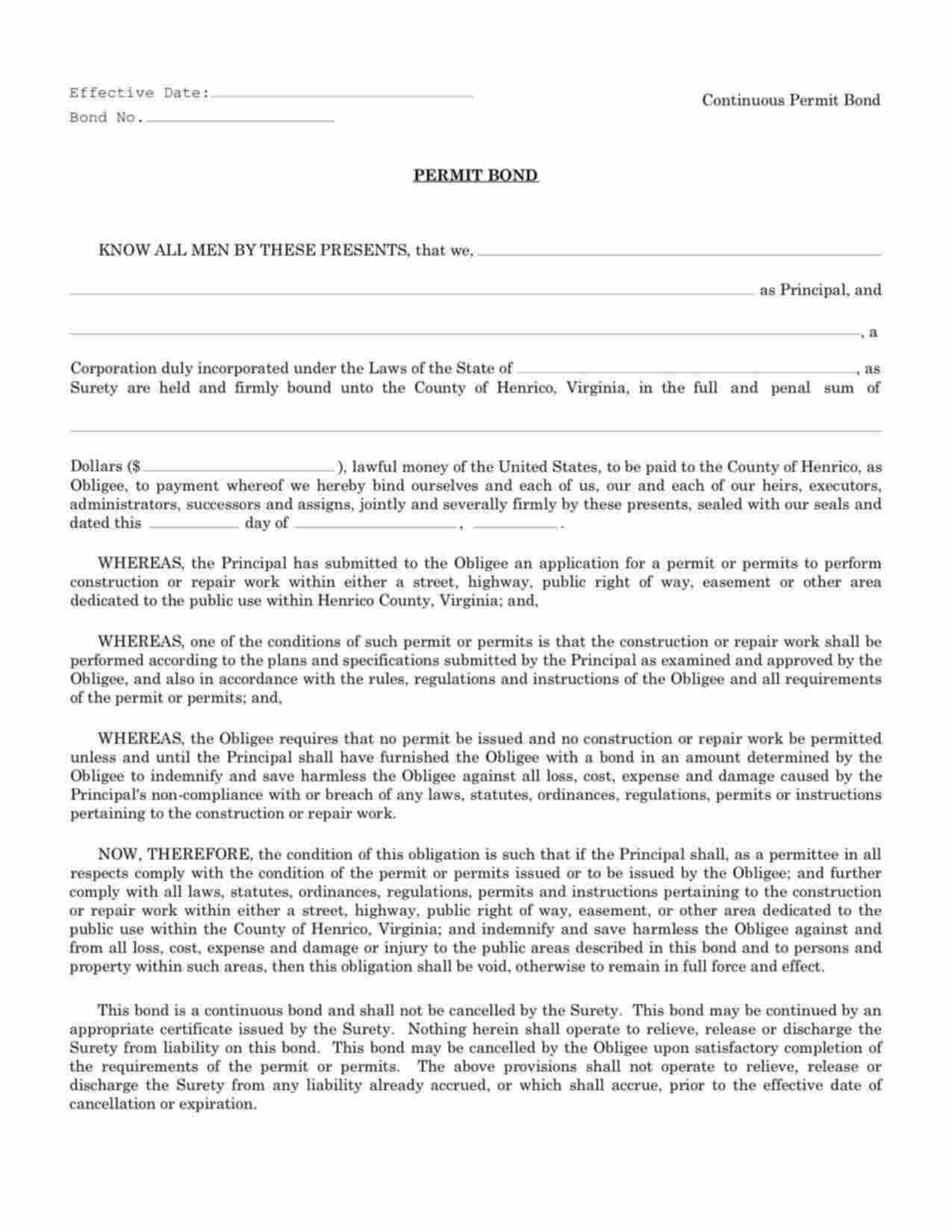 Virginia Permit (Continuous) Bond Form