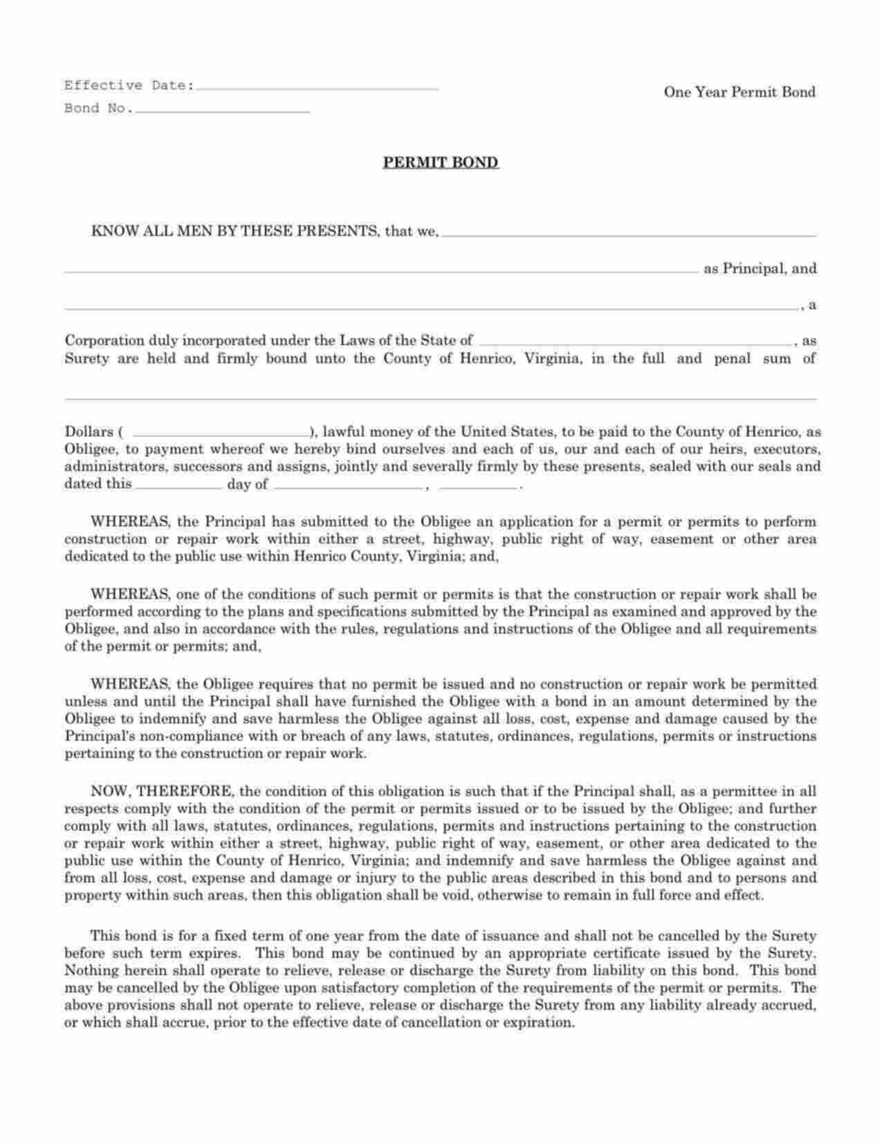 Virginia Permit (One Year) Bond Form
