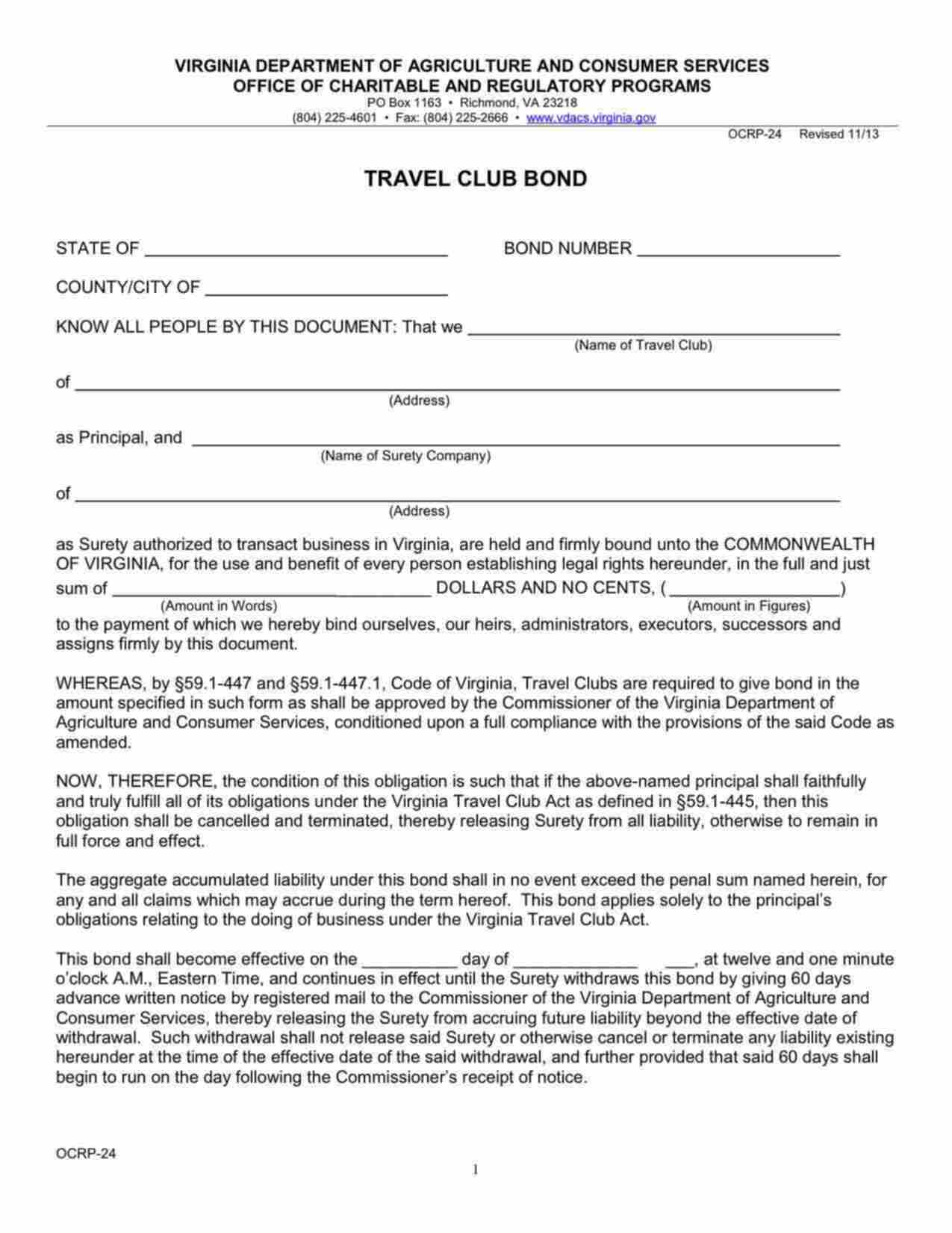 Virginia Travel Club Bond Form