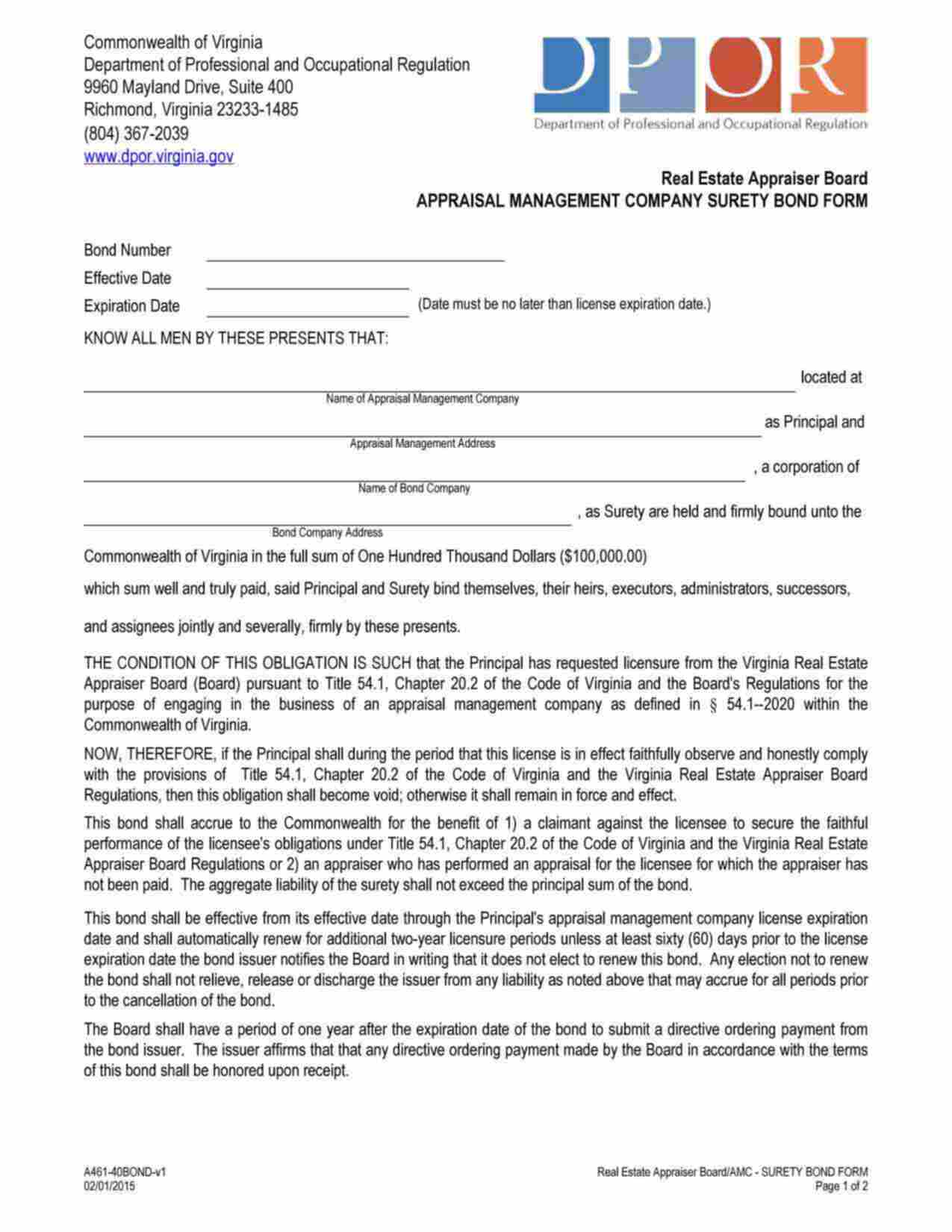 Virginia Appraisal Management Company Bond Form