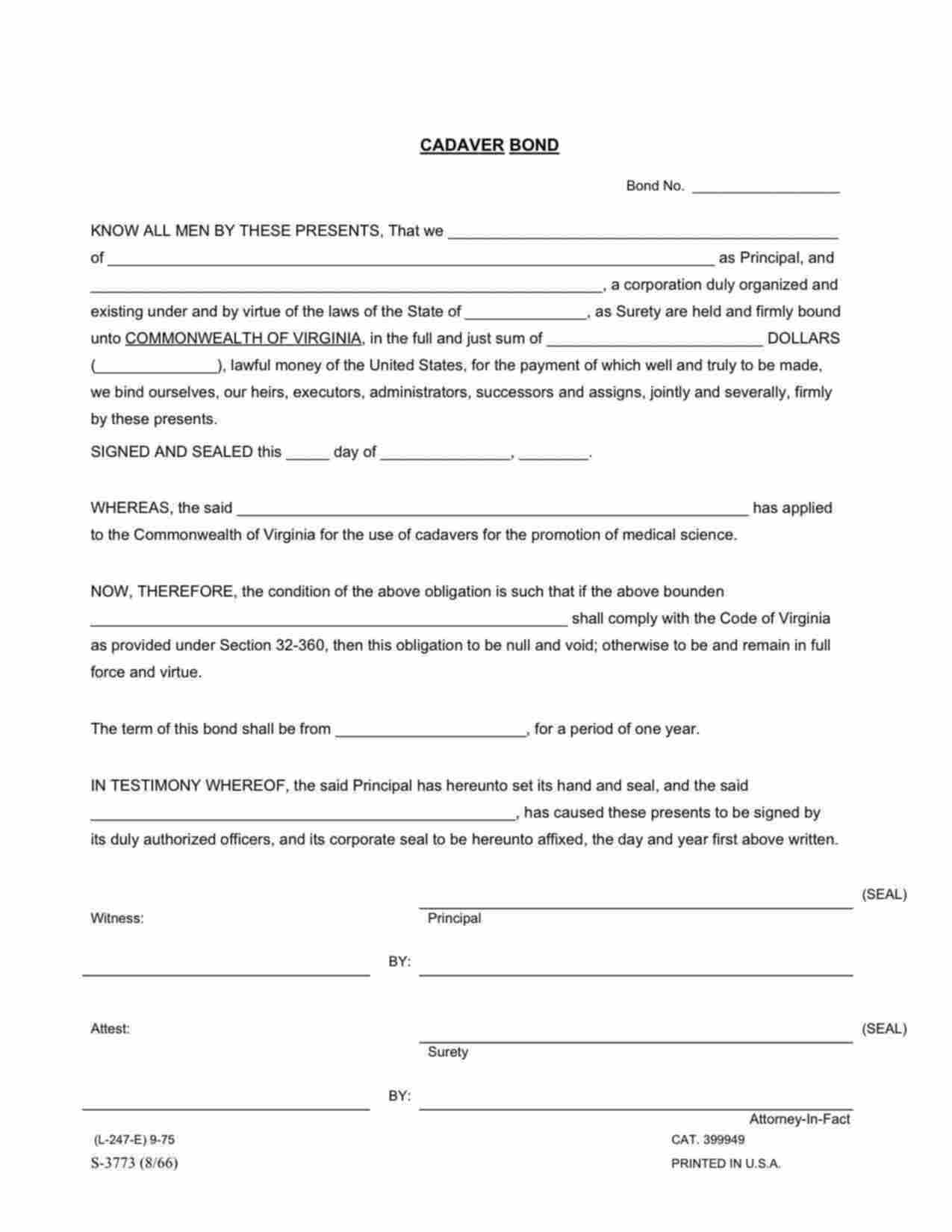 Virginia Cadaver (Use of Cadavers for the Promotion of Medical Science) Bond Form