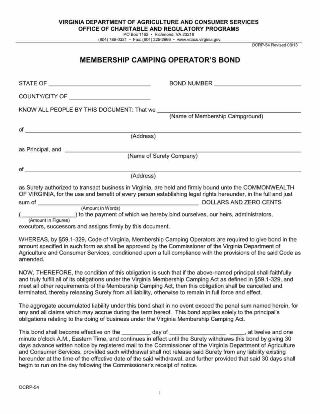 Virginia Membership Camping Operator Bond Form