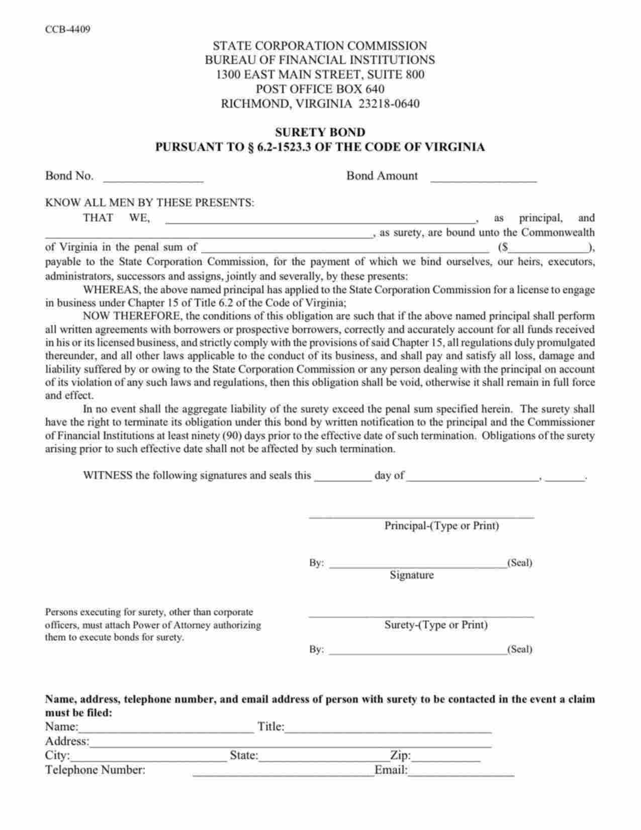 Virginia Consumer Finance Company (Pursuant to 6.2-1523.3  of the Code of Virginia) Bond Form