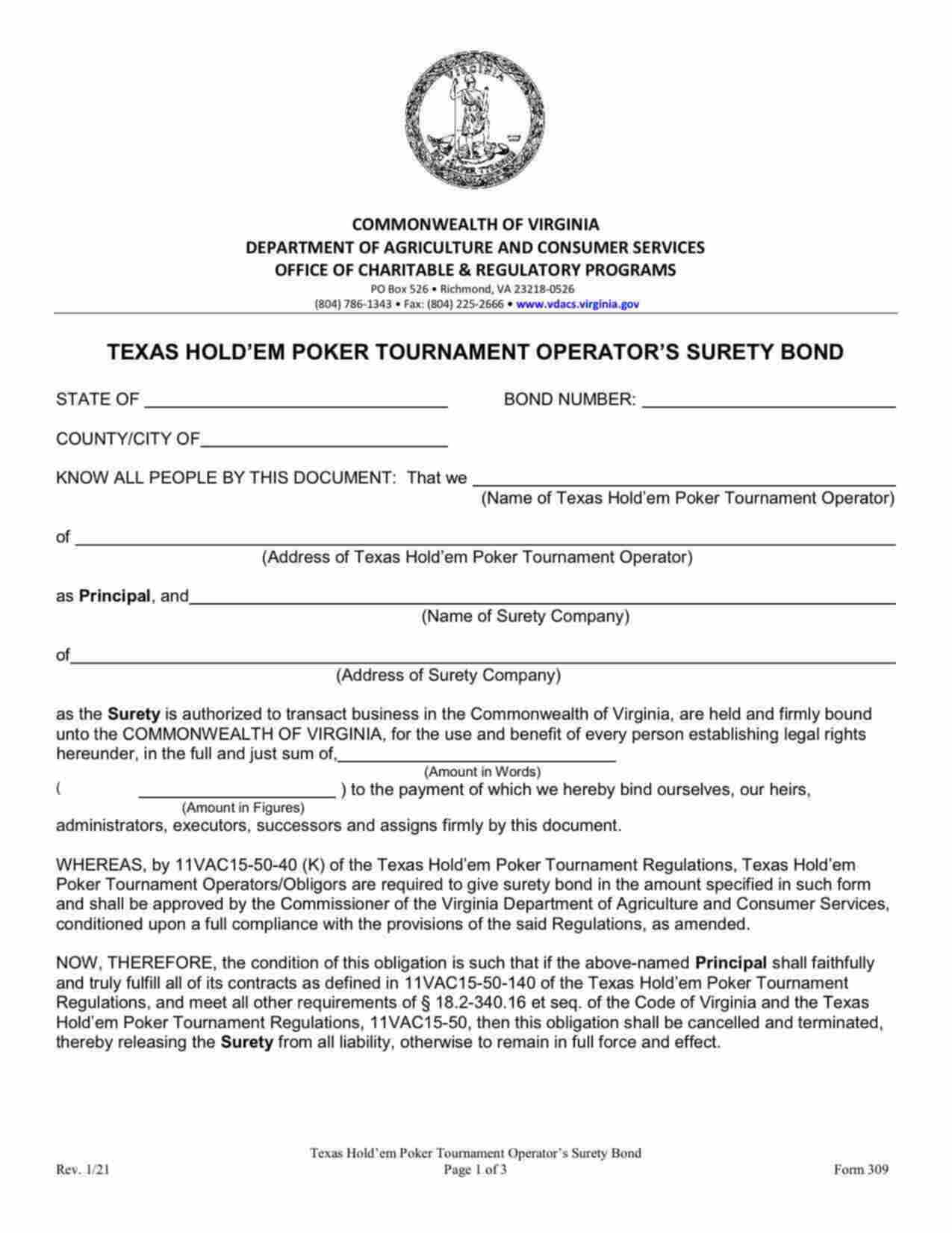 Virginia Texas Hold'em Poker Tournament Operator Bond Form
