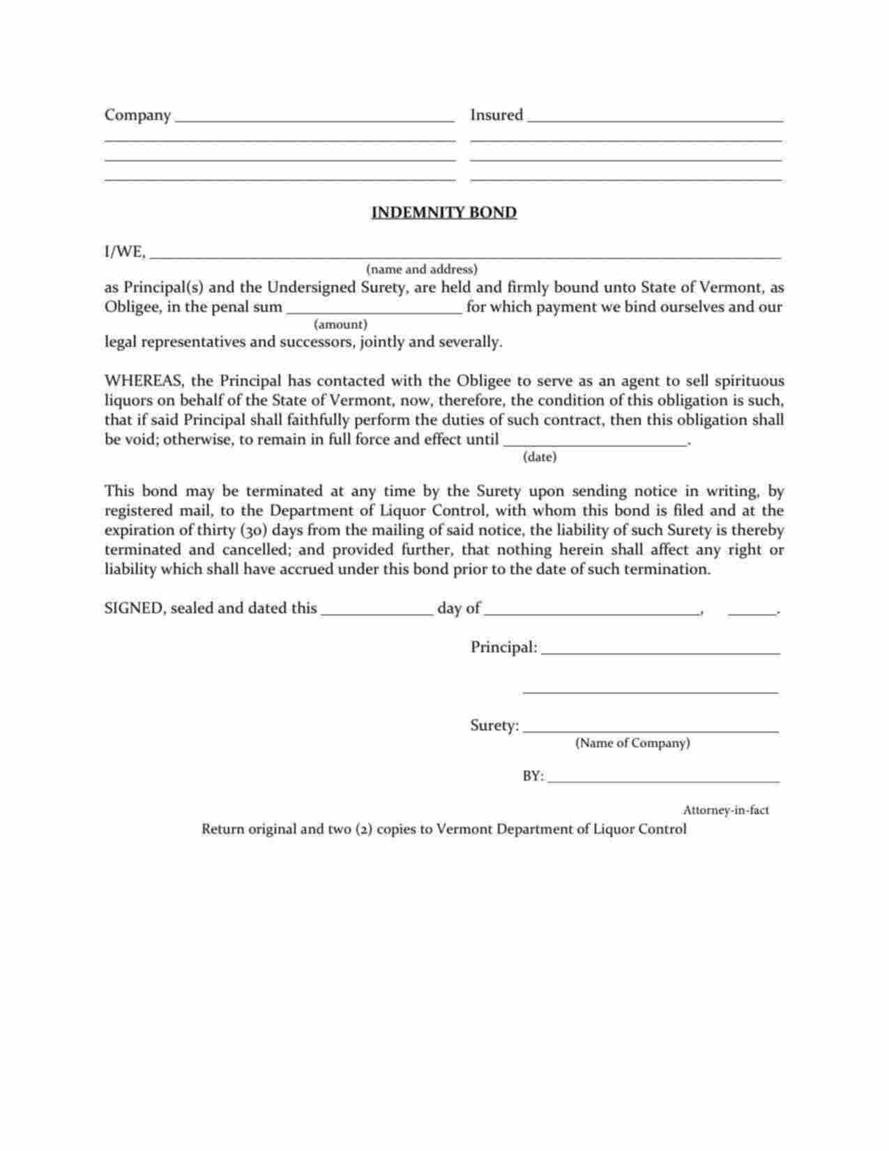 Vermont Liquor Agent Bond Form