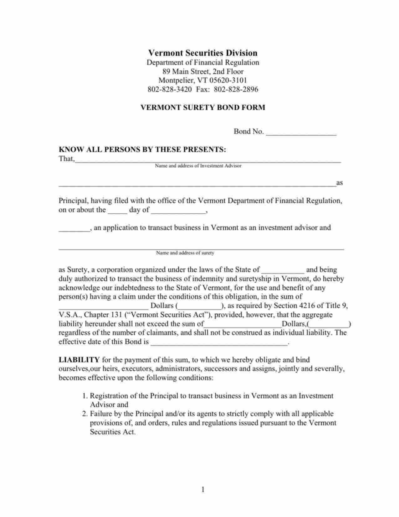 Vermont Investment Advisor Bond Form