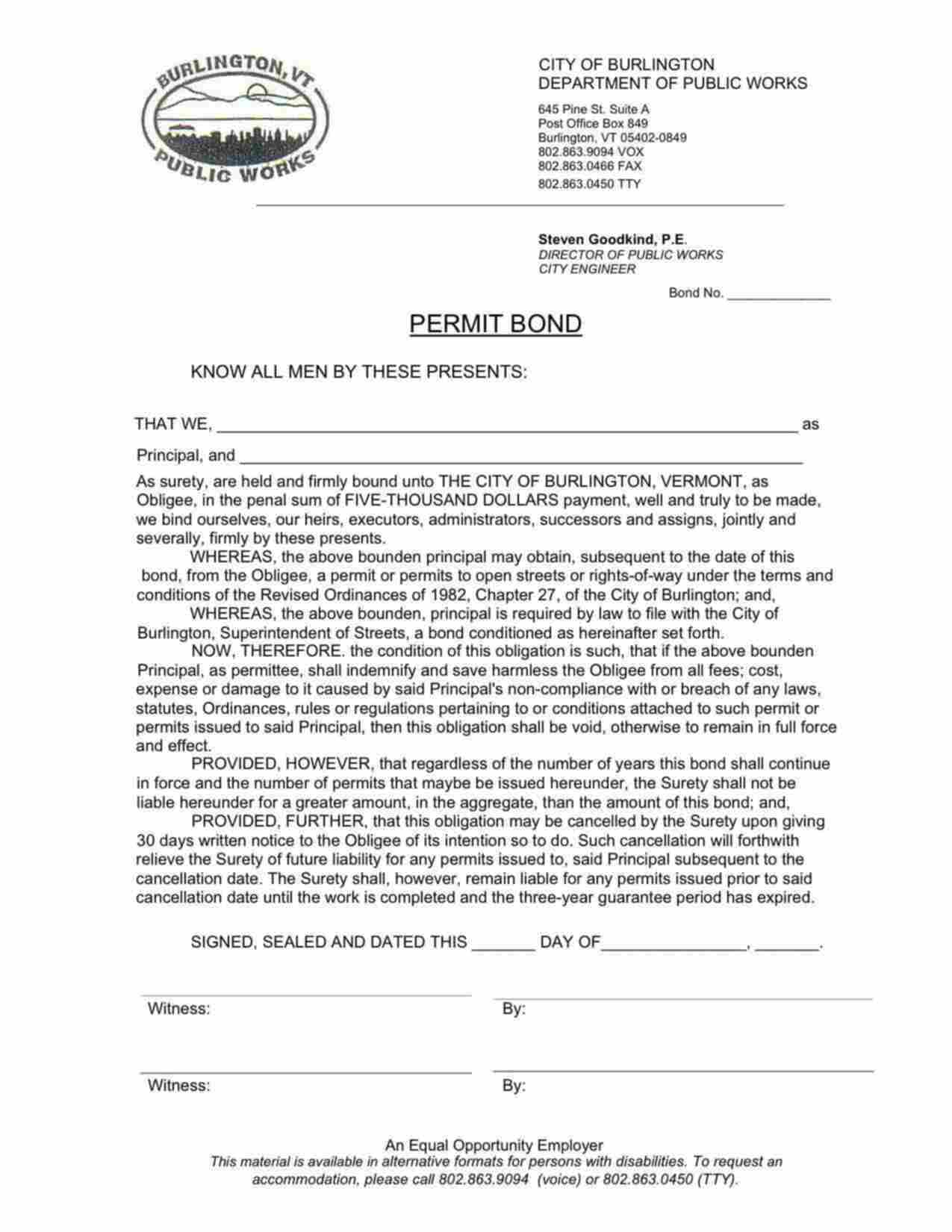 Vermont Street Opening/Right-of-Way Bond Form