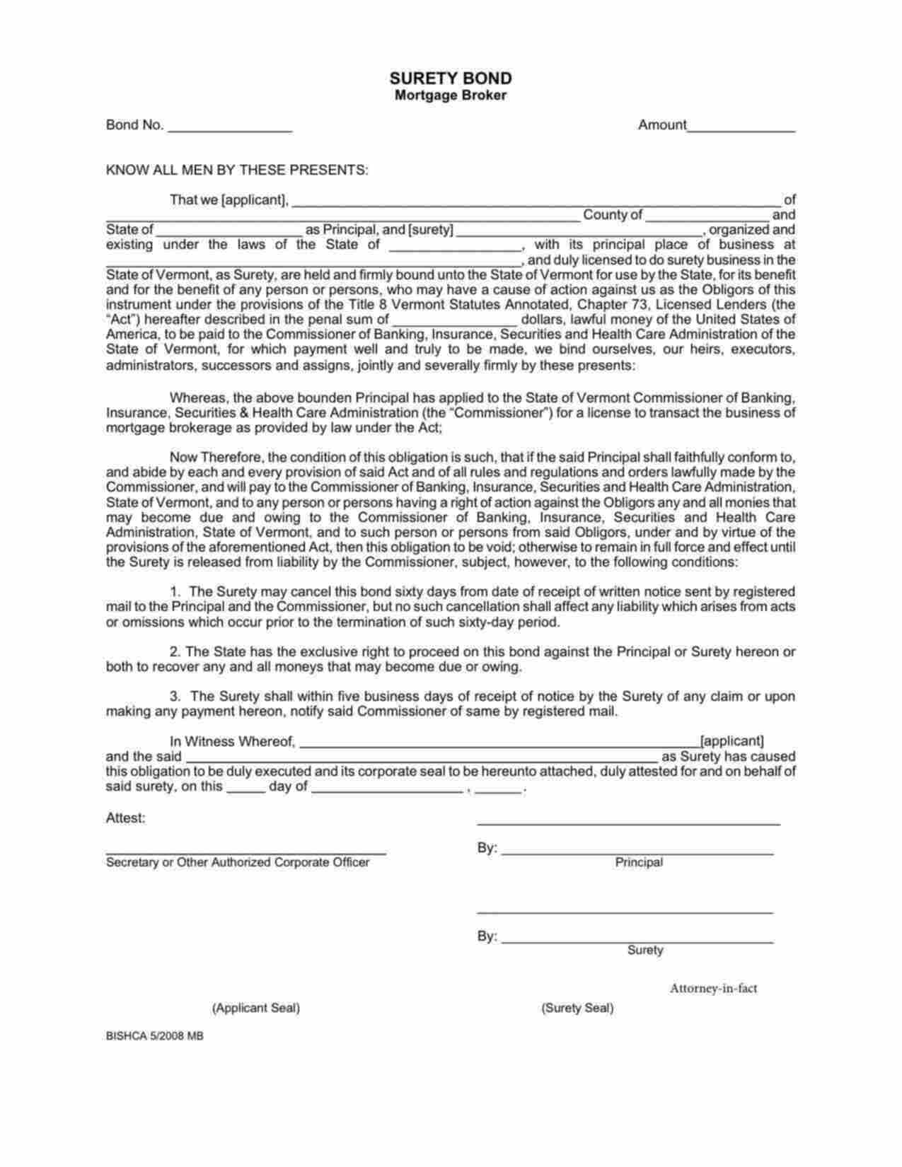 Vermont Mortgage Broker - Sole Proprietor License Bond Form