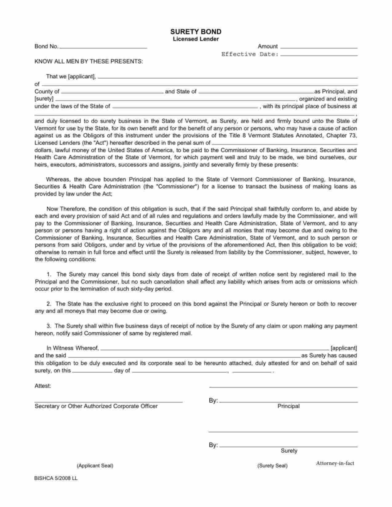 Vermont Lender License Bond Form