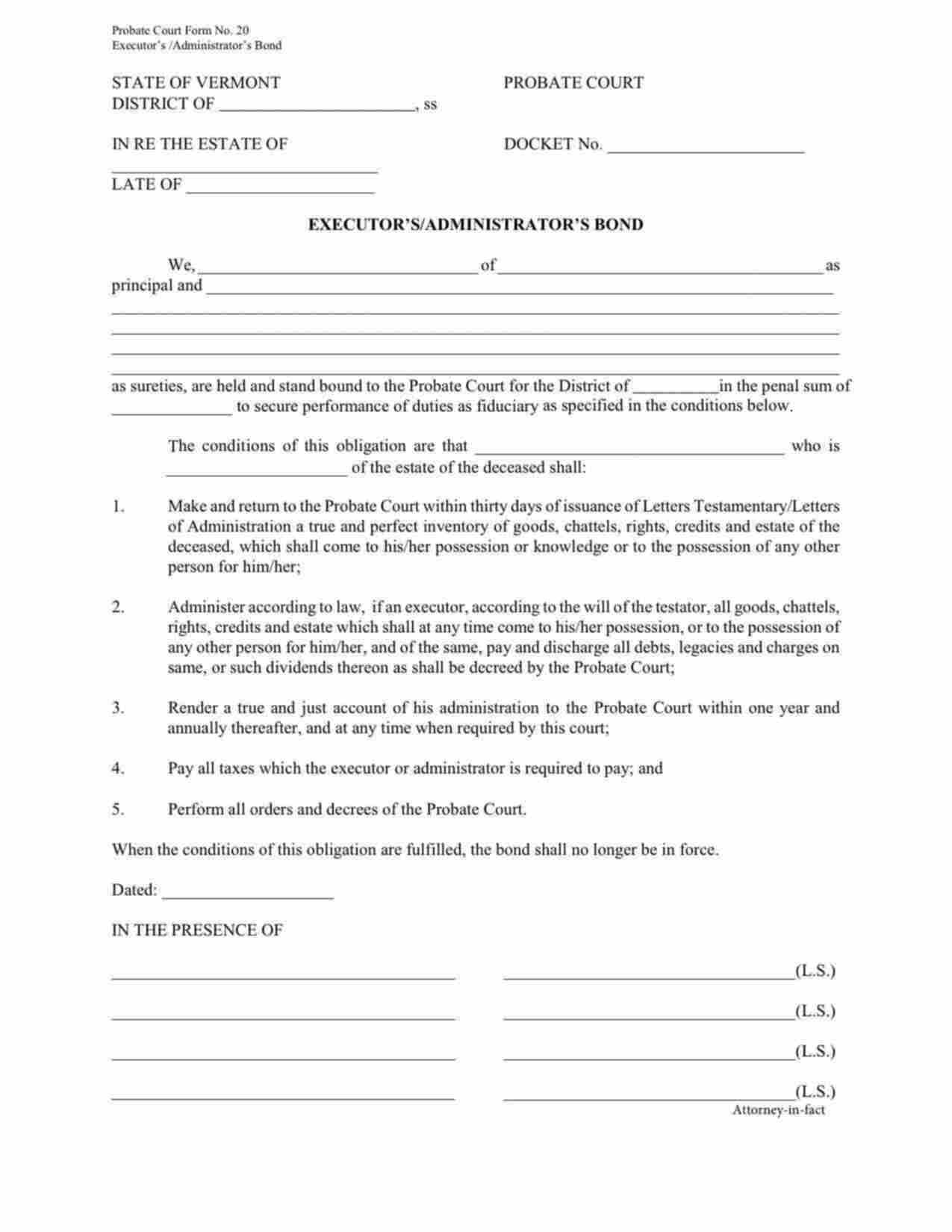 Vermont Probate Administrator, Executor, Conservator, or Guardian Bond Form