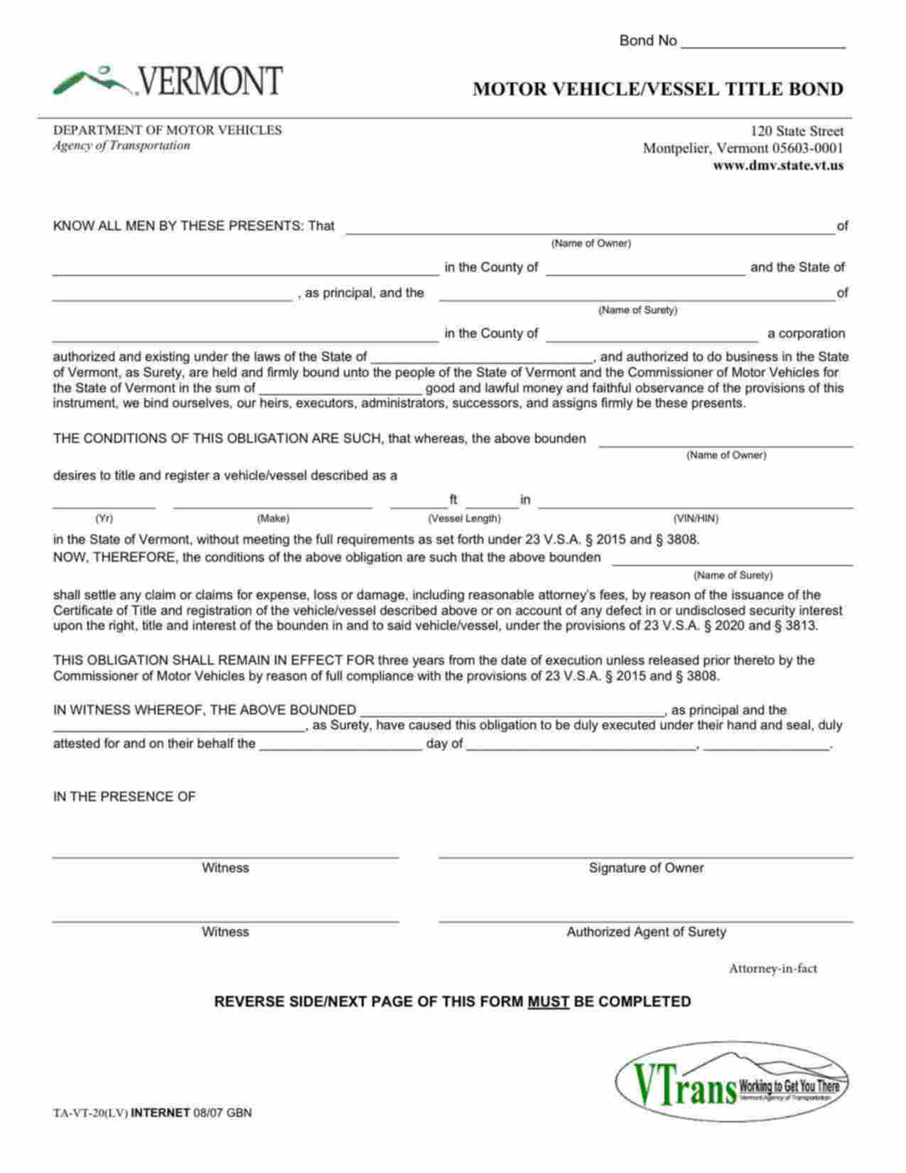 Vermont Motor Vehicle/Vessel Title Bond Form