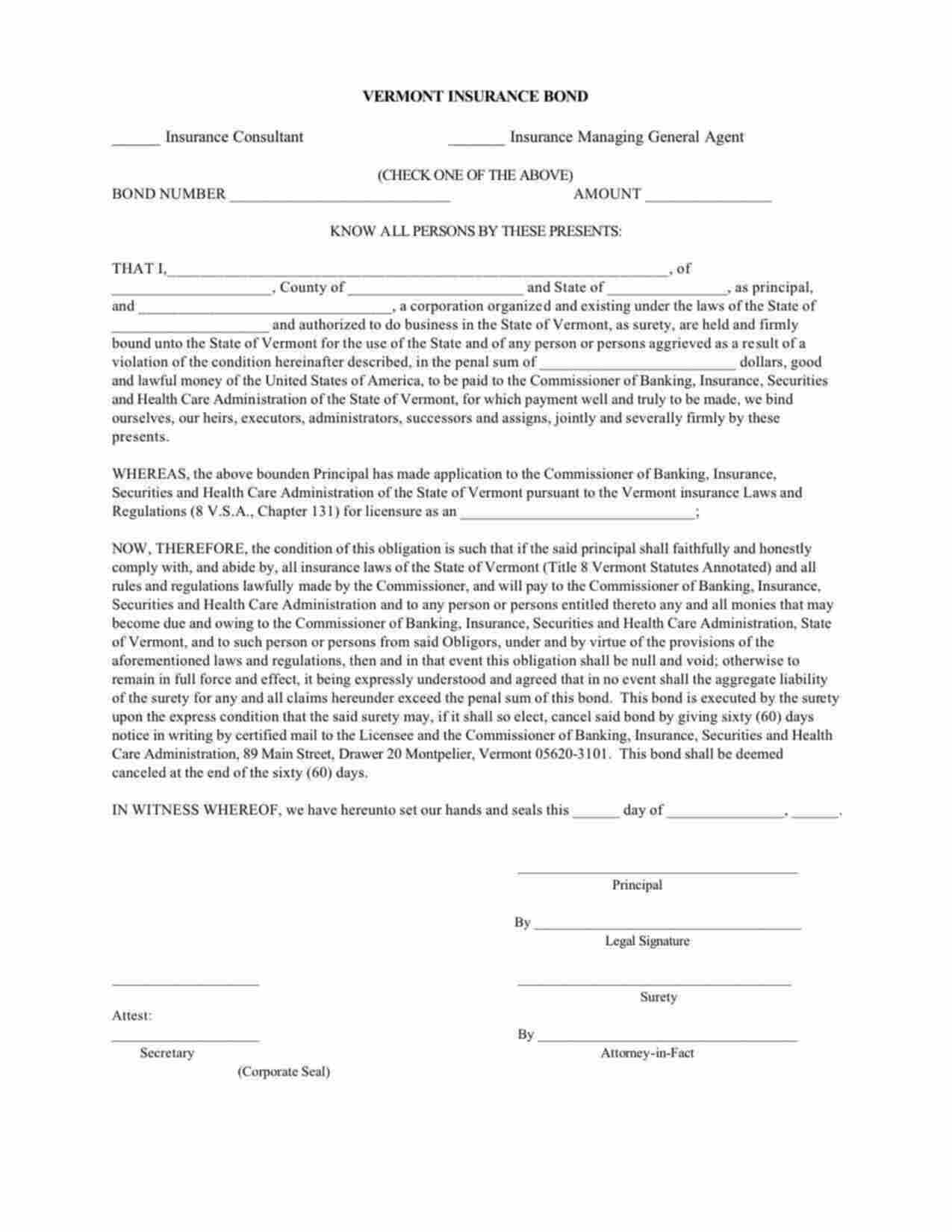 Vermont Insurance Managing General Agent Bond Form